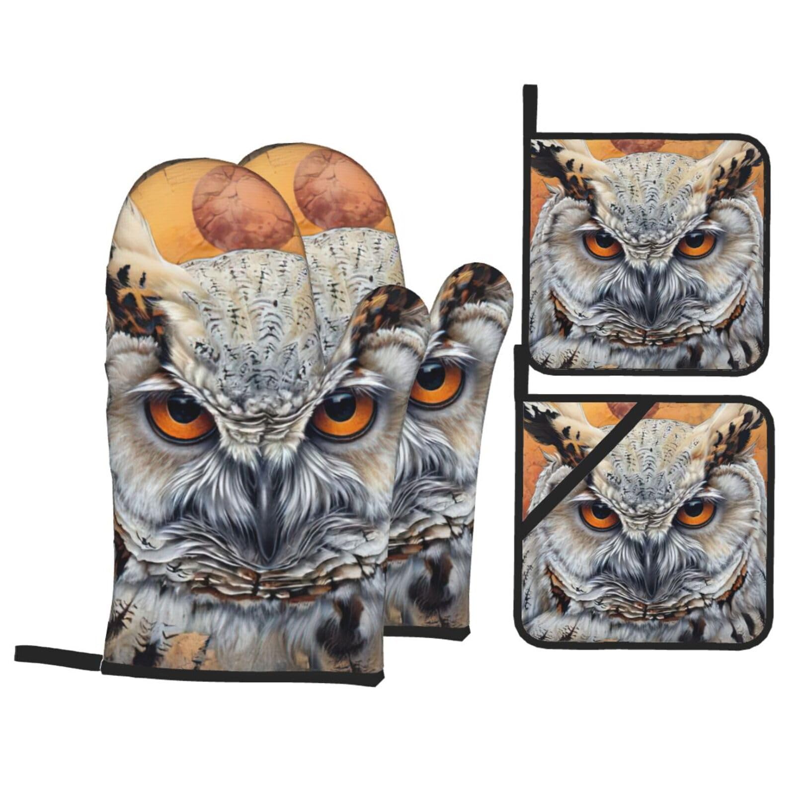 Owl Beliefs Print 4-Piece Oven Microwaving Set Waterproof Kitchen Gloves for Baking Grilling Cooking