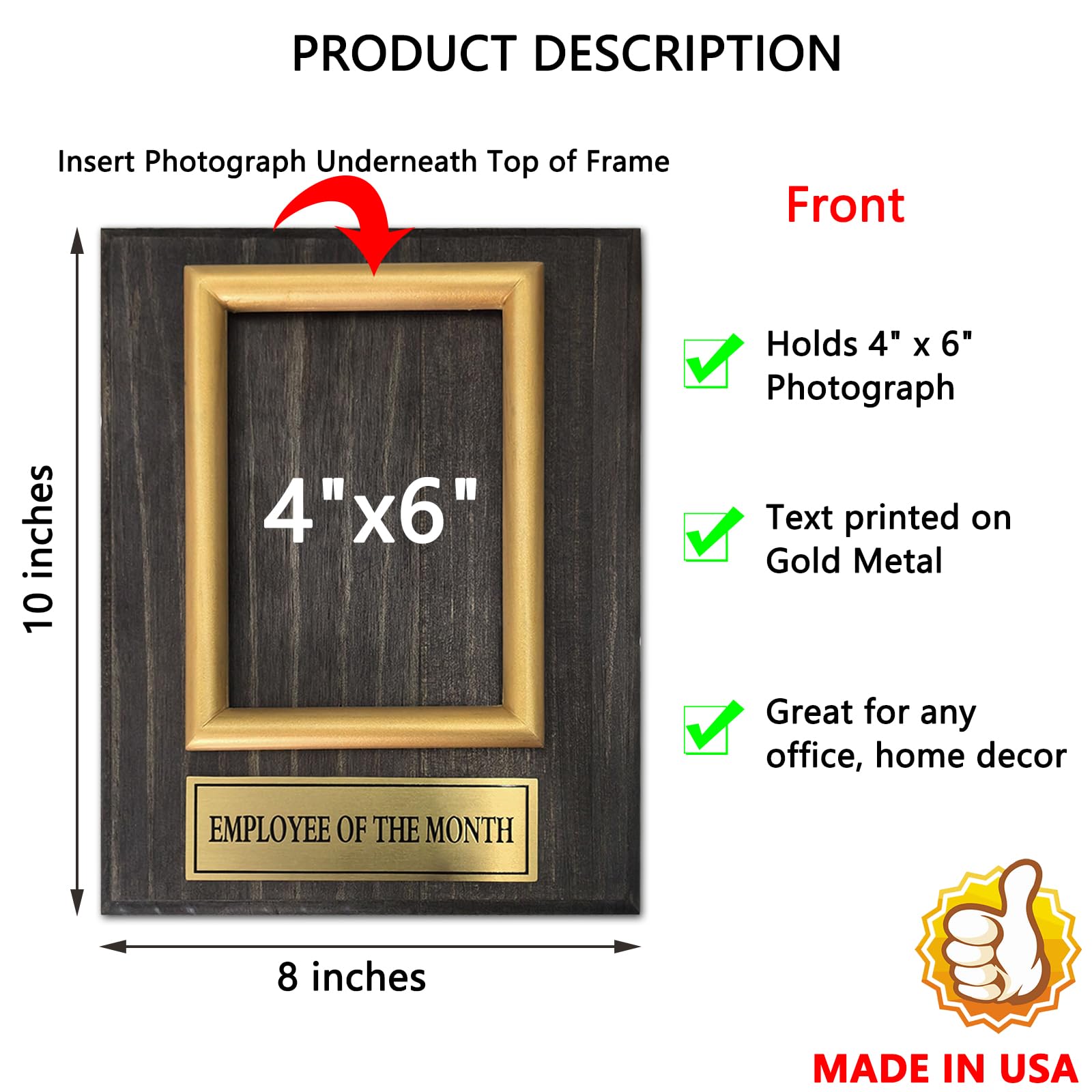 Plaque de récompense de l'employé du mois. Plaque de récompense en bois avec cadre photo d'honneur. La plaque photo de 20,3 x 25,4 cm peut contenir une photo de 10,2 x 15,2 cm. Prix personnalisé pour