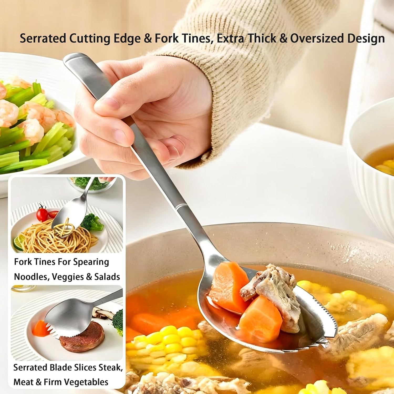 Serrated Multipurpose Serving Spoon, 304 Stainless Steel Utility Utensil for Grapefruit Steak Fruit Prep, Commercial Catering Home Dining Camping, Silver, 10.2 Inches