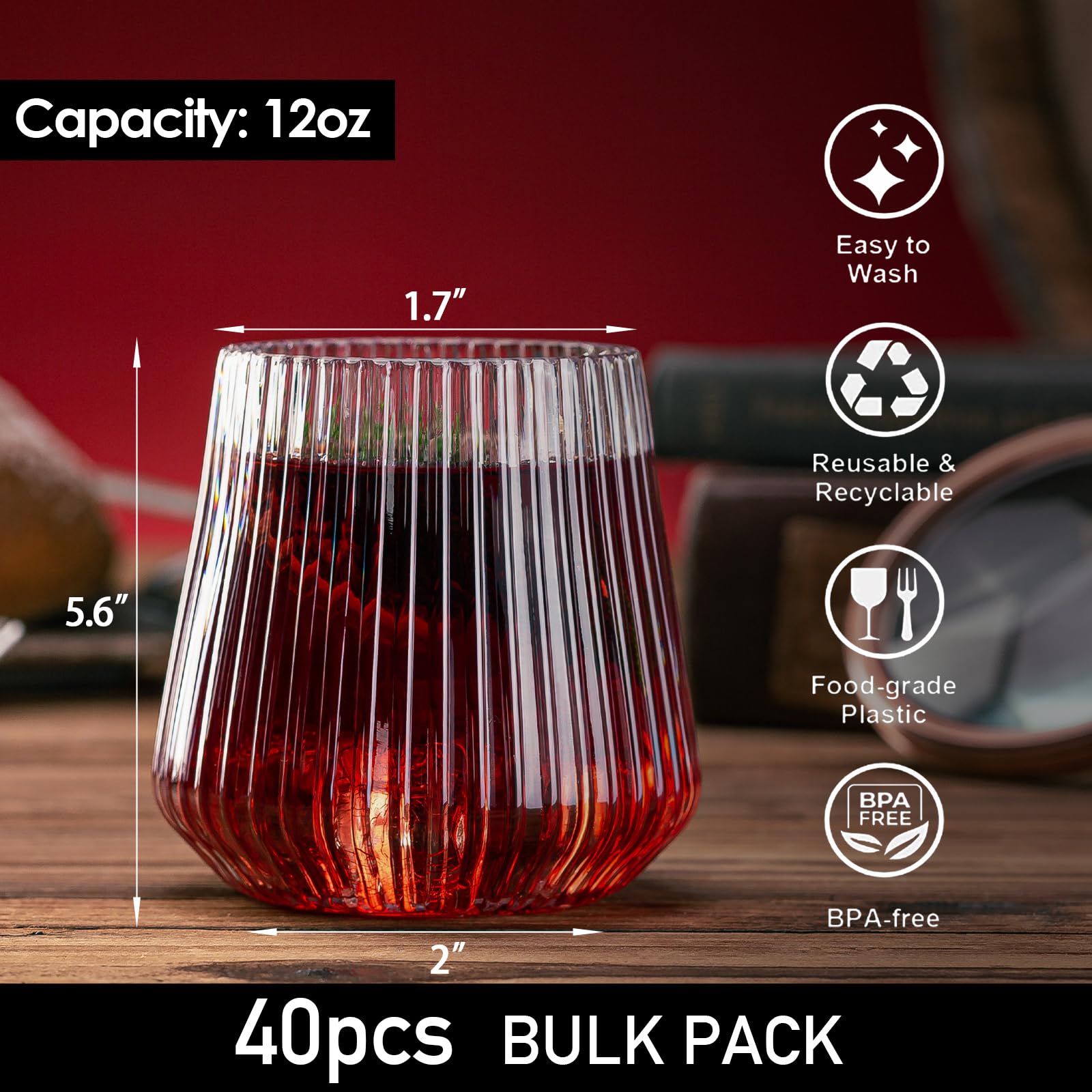 Einweg-Weingläser ohne Stiel, 340 ml, Kunststoff-Weinbecher, Origami-Stil, unzerbrechliche Trinkgläser, Großpackung Acryl-Whiskey-Cocktailgläser, bruchsichere Martini-Gläser, 40 Stück