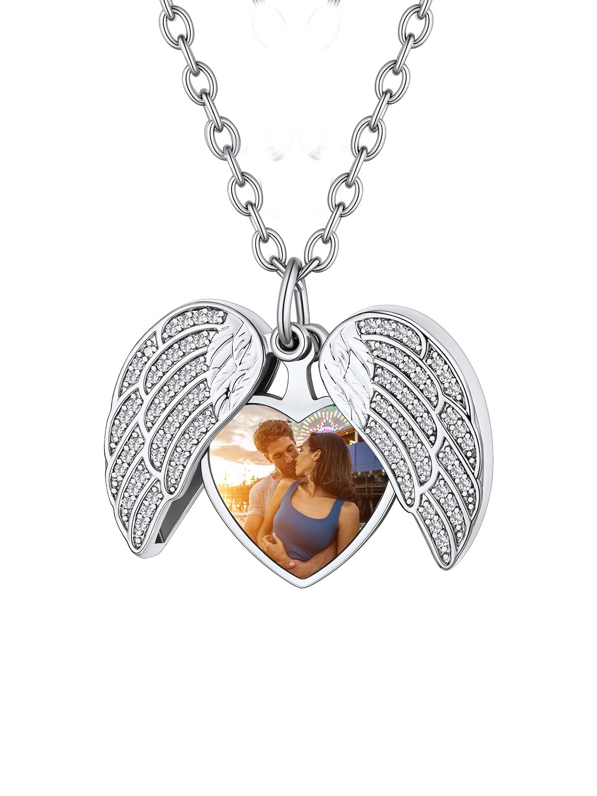 Custom4U Collier Personnalisé Photo Acier Inoxydable,Médaillon Aile d'ange Pendentif Porte Photo Gravé avec Chaîne 50+5 cm(Boîte Cadeau)