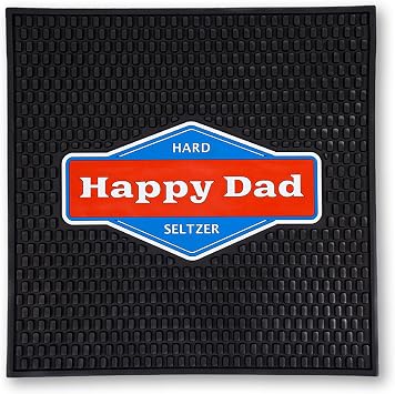 Happy Dad Hard Seltzer & Tea Bar Mat for Home Bar Accessories, Man Cave Decor, Coffee Station, Bartender Kitchen Counter Bar Pad, Waterproof Non Slip Durable PVC, Black Square, 13in x 13in x 0.5in