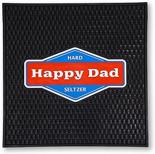 Happy Dad Hard Seltzer & Tea Bar Mat for Home Bar Accessories, Man Cave Decor, Coffee Station, Bartender Kitchen Counter Bar Pad, Waterproof Non Slip Durable PVC, Black Square, 13in x 13in x 0.5in