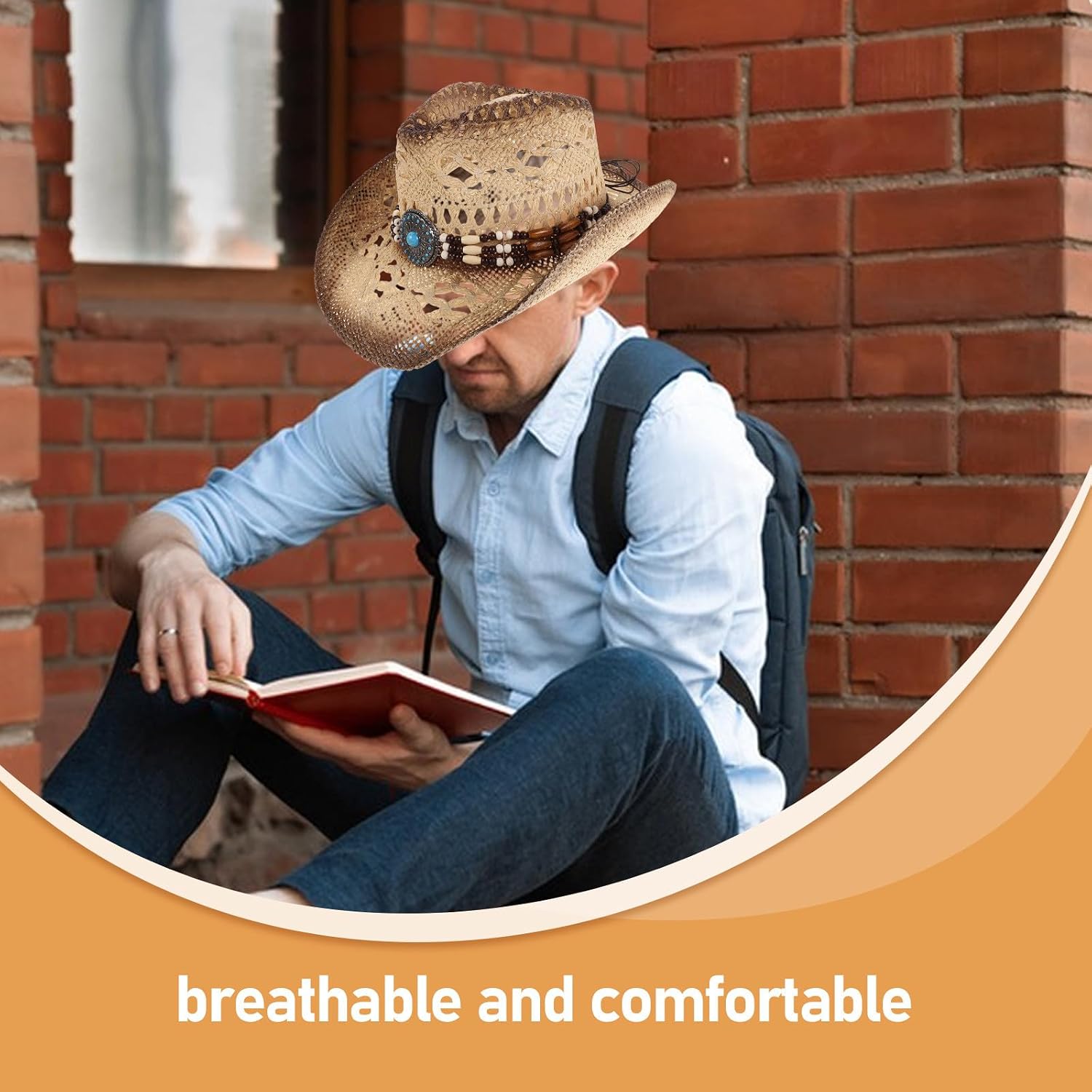 Straw Cowboy Hat for Men and Women, Wide Brim Beige Sun
