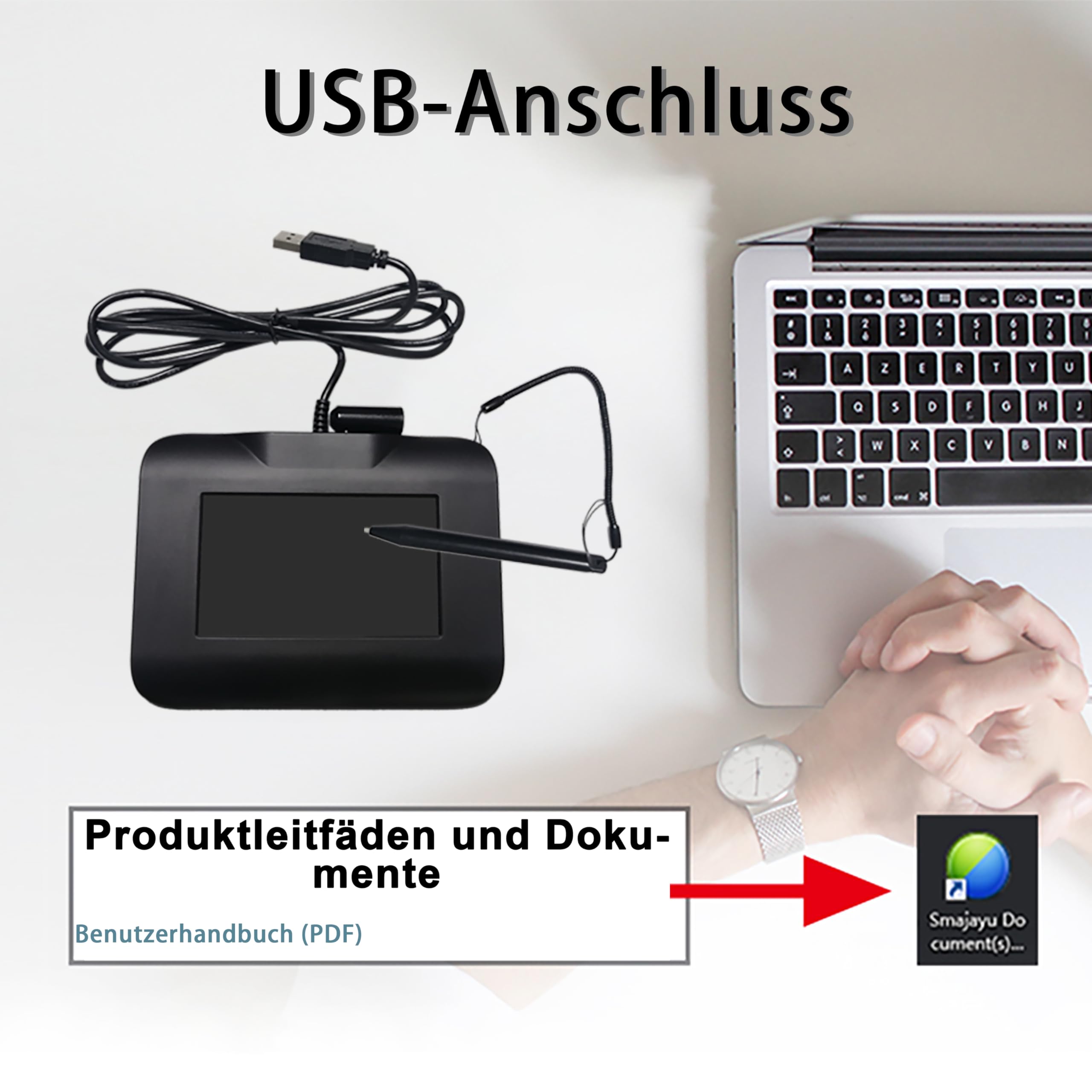 Das elektronische Signaturpad FP430S mit USB-Anschluss ist kompatibel mit Computern und Laptops unter Windows 7, 8, 10 und 11. Ein Signaturstift ist im Lieferumfang enthalten. 4,3-Zoll-LCD-Farbdisplay