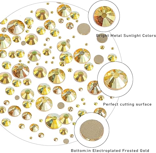 Miniatura 5 de AD Beads 1440 diamantes de imitación dorados de calidad inferior de cristal con parte trasera plana, gemas de cristal redondas, tamaño mixto, sin