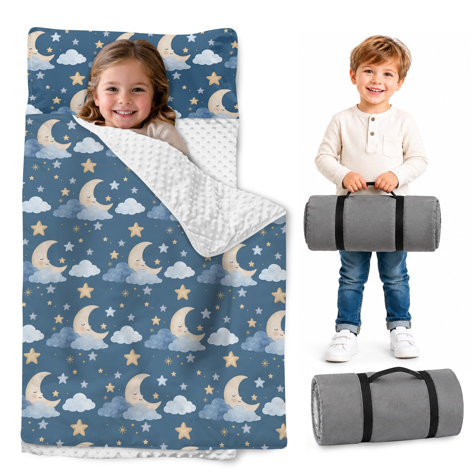 Personalized Toddler Nap Mat with Pillow and Blanket, Monogram Nap Mats for Preschool Daycare, Custom Thickened Large 55”x22.5” Sleeping Bag for Kids, Rollup Sleeping Mat for Boys Girls Gift
