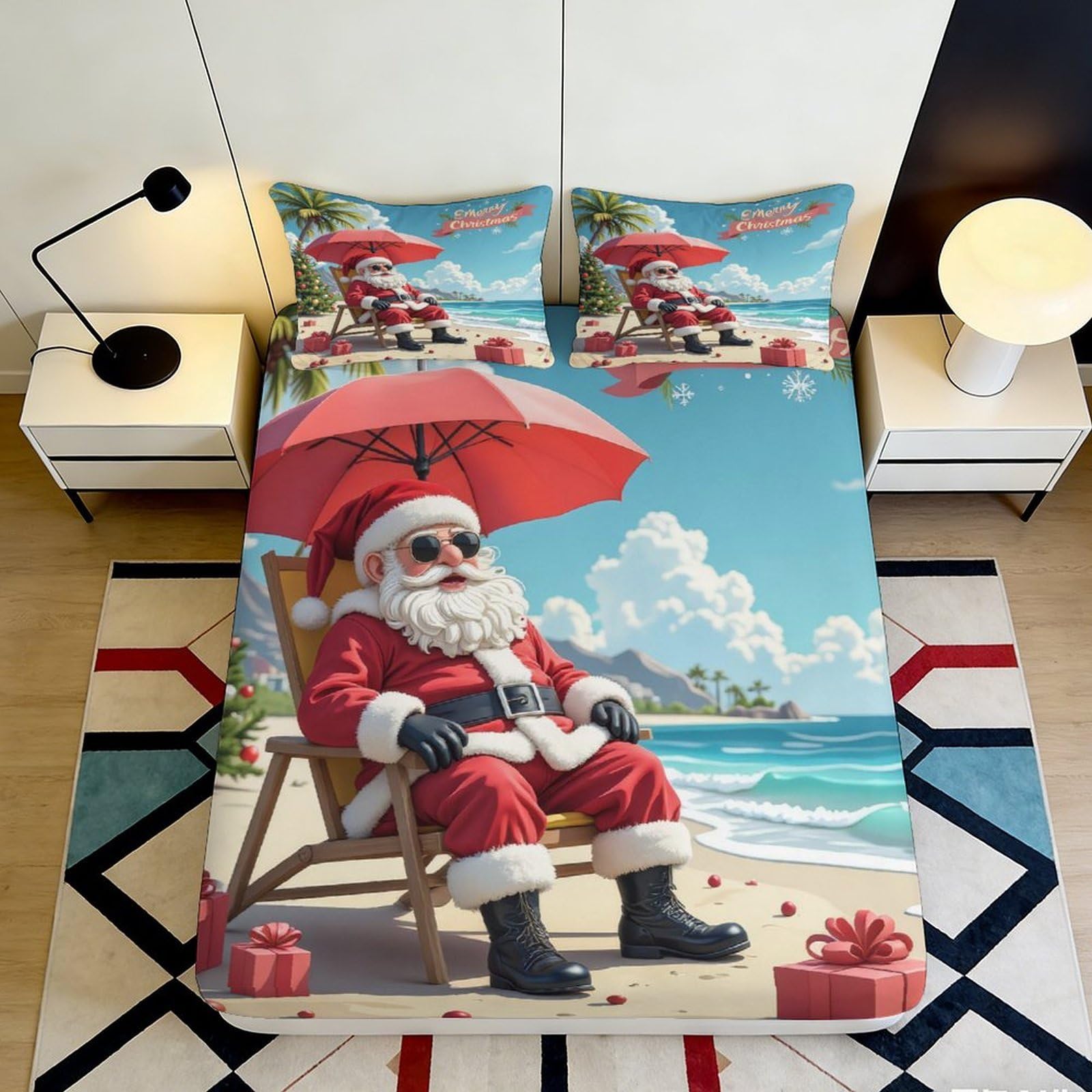 Jqzkxnhpbr Style-8 3D Printed Beach Santa Fitted Sheet Microfiber Christmas Holiday Bed Cover For Bedroom Guest Room Dorm Decor 90X200x25cm
