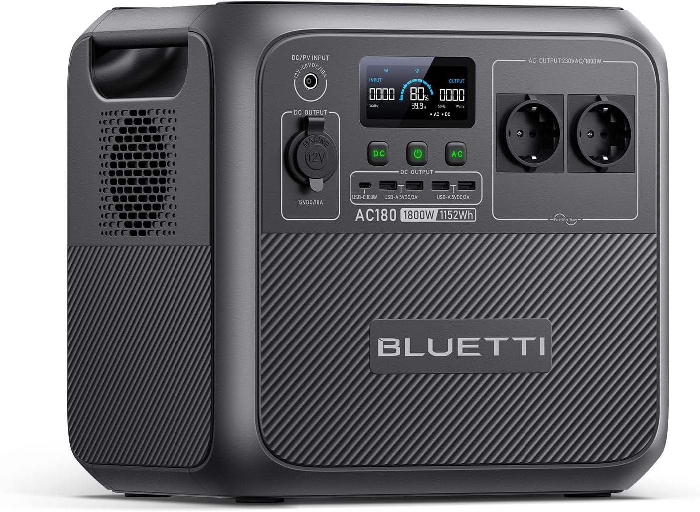 BLUETTI AC180 Generador Solar Portátil, 1152Wh LiFePO4 Batería con 2 salidas AC 1800W (2700W Pico), 0-80% en 45 Min, Estación de Energía Solar para Camping, Viajes, Cortes de Electricidad