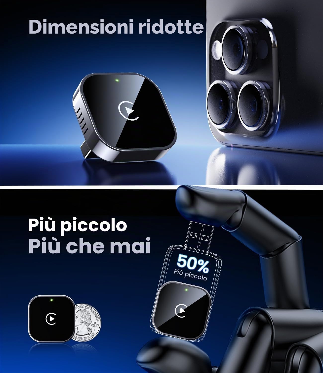 MZU CarPlay Adattatore Wireless per iPhone – Upgrade a CarPlay, Plug & Play, USB/Type-C, Mini & Stabile Wireless Car Play Adapter Compatibile con Apple iOS 10+ & Wired CarPlay Auto dal 2016