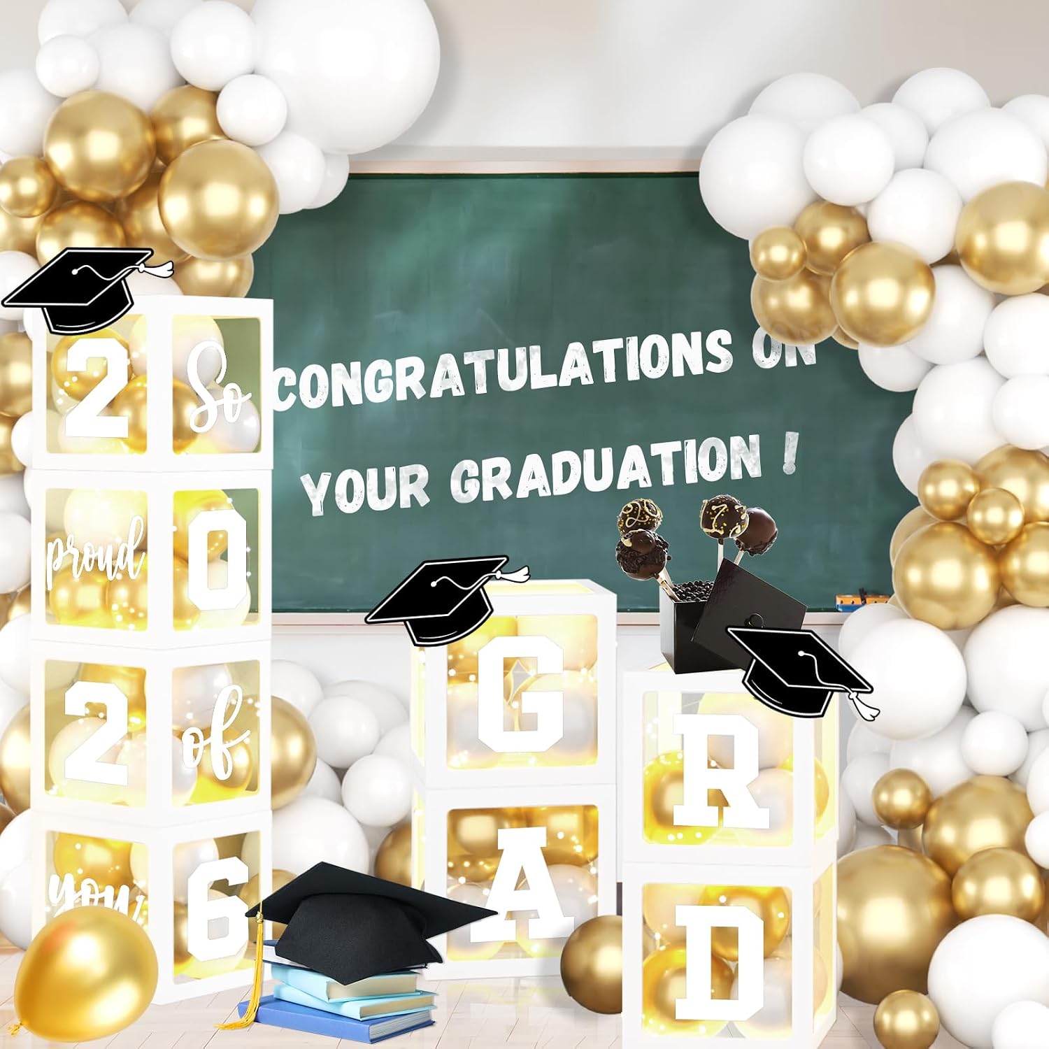 Graduation Party Decorations Class Of 2026,White and Gold Graduation Decorations Grad Boxes with Letters 2026 Grad So Proud Of You for College Party Graduation Party Supplies