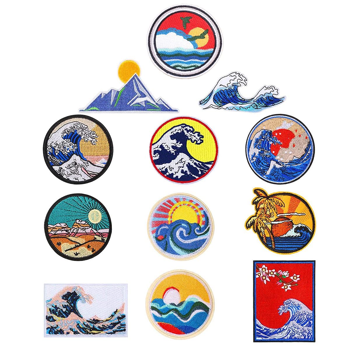 CTRLZS 12Pc Wave Off Patch Embroidered Applique Badge Iron on Sew on Emblem for Craft,Decoration and DIY Clothes,Dress