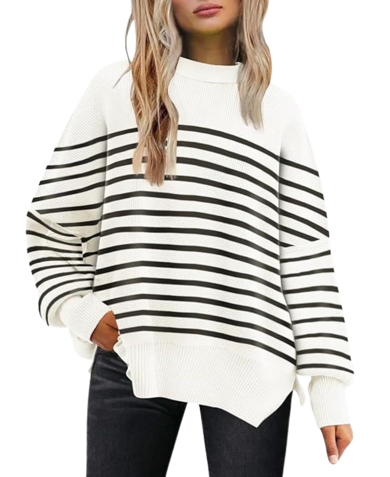 Womens Oversized Batwing Sweaters 2025 Fall Outfits Trendy Crewneck Knit Side Slit Fashion Pullover Tops
