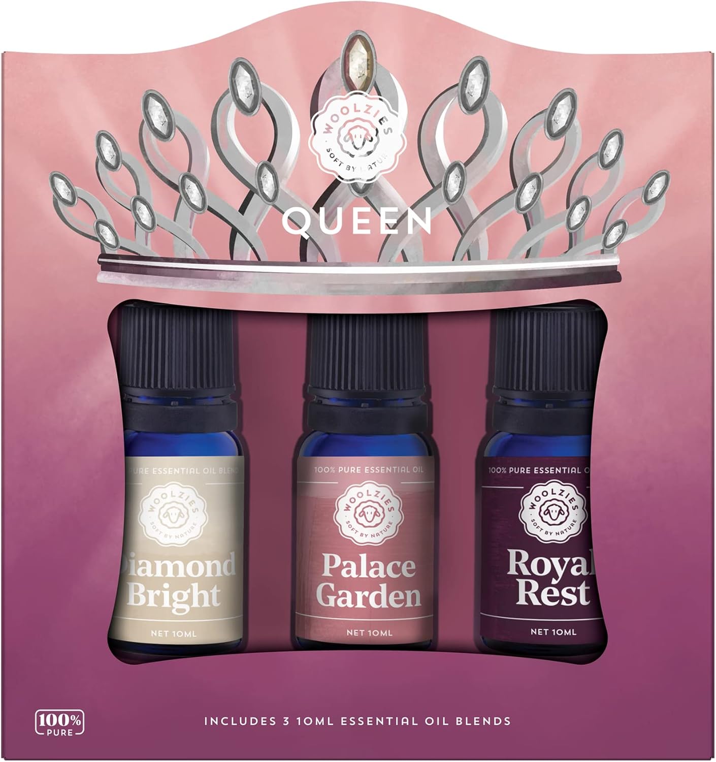 Woolzies Queen Essential Oil Set of 3 | Includes Diamond Bright, Palace Garden, & Royal Reset | Therapeutic Grade Aromatherapy Oils for Diffuser, Massage, or Topical Use | 10 ML