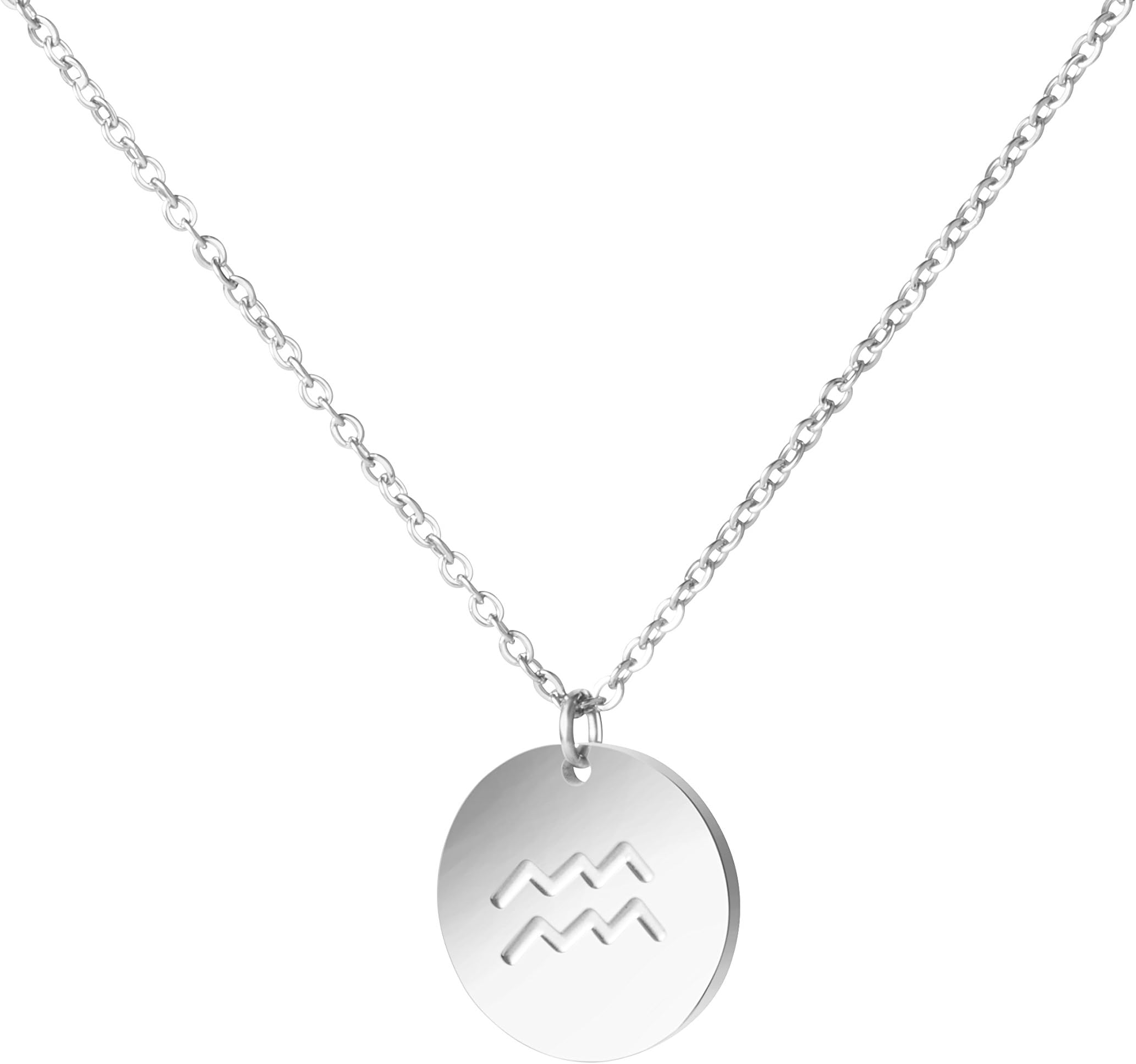 Memgift Aquarius Necklace Constellation Stainless Steel Engraved Disc Jewelry Gifts for Women