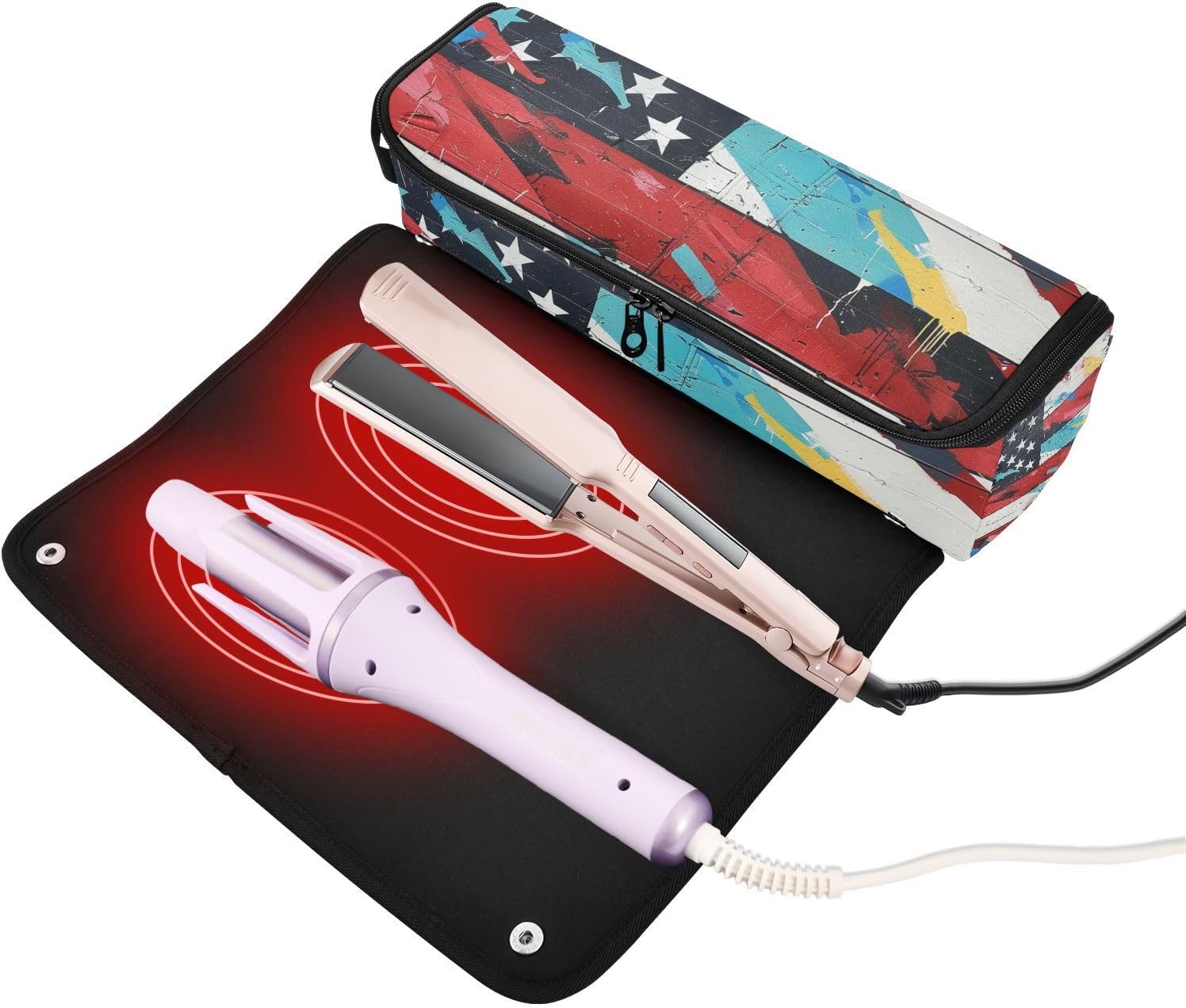 Hot Hair Tools Travel Bag with Iron Mat Heating Tools Travel Bag Organizer for Flat Irons, Straighteners, Curling Irons, USA Stripes