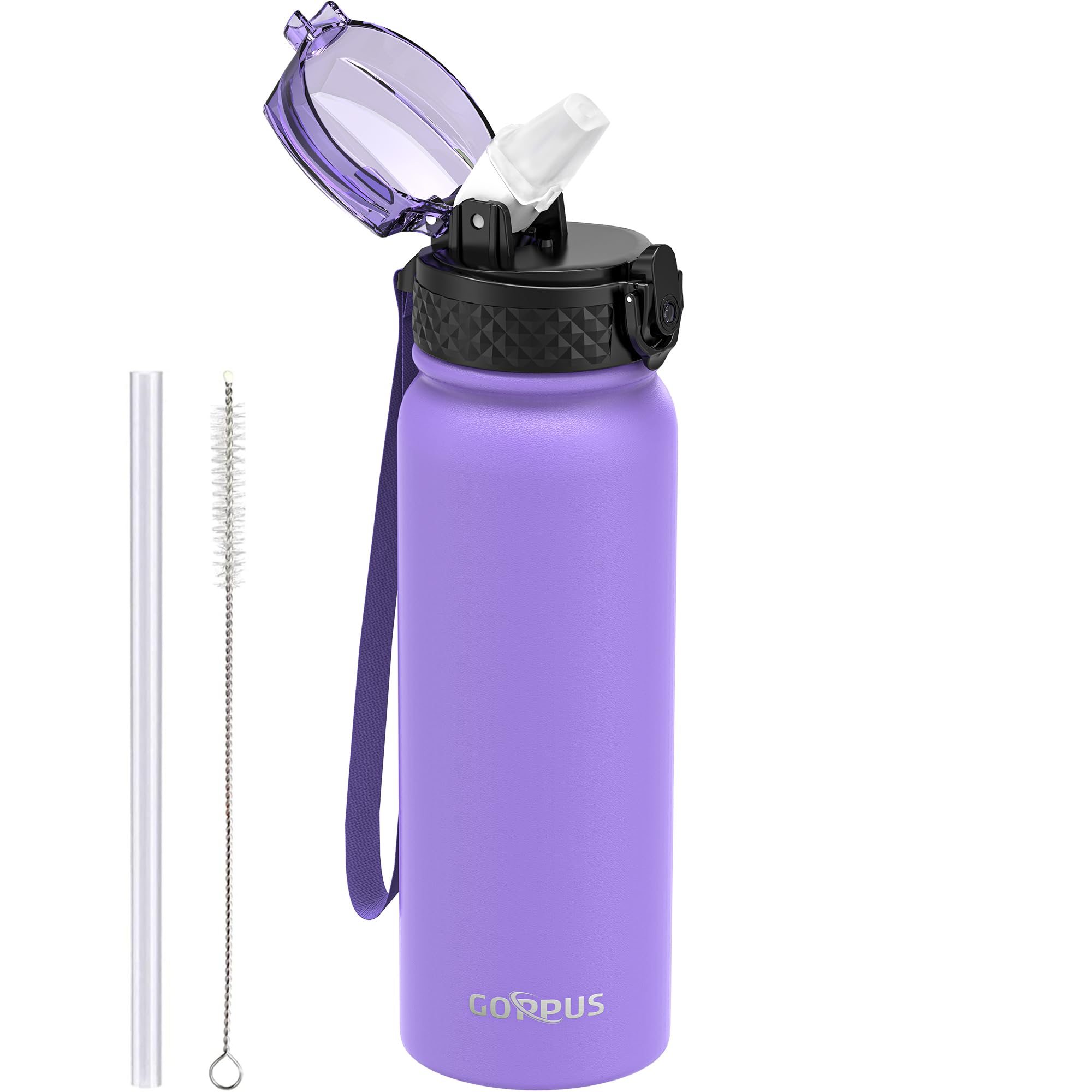 GOPPUS Borraccia in Acciaio Inossidabile da 600ml/20oz con Cannuccia Borraccia Sportiva Isolata Flacone Freddo a Tenuta Stagna Bottiglie d'Acqua in Metallo a Doppia Parete Flip Up