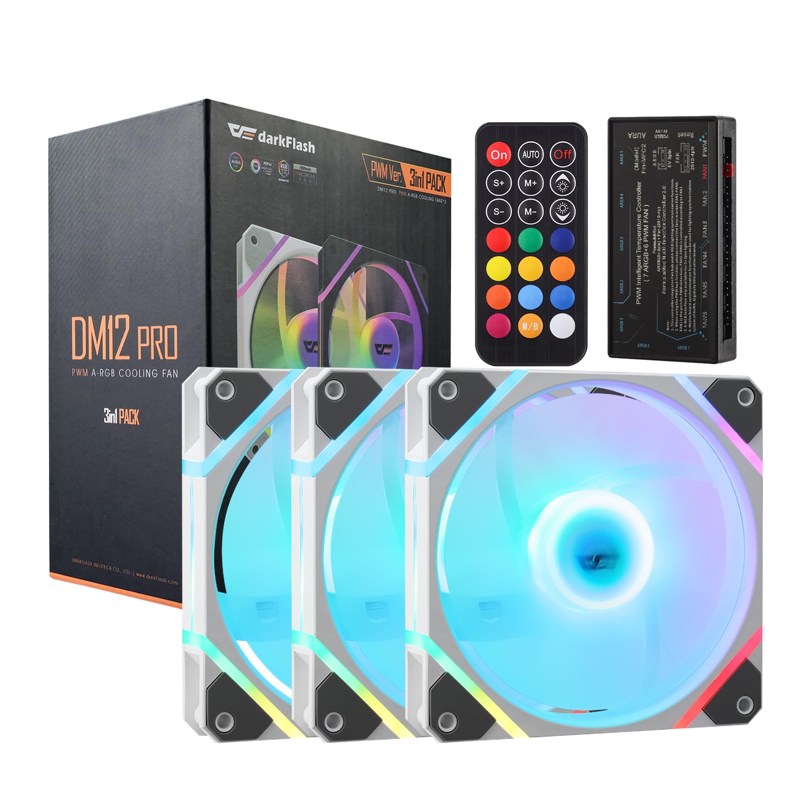 darkFlash Paquete de 3 ventiladores de carcasa de PC de 120 mm con concentrador de controlador y control remoto, PWM ARGB Sync, ventiladores de refrigeración RGB direccionables para carcasa de