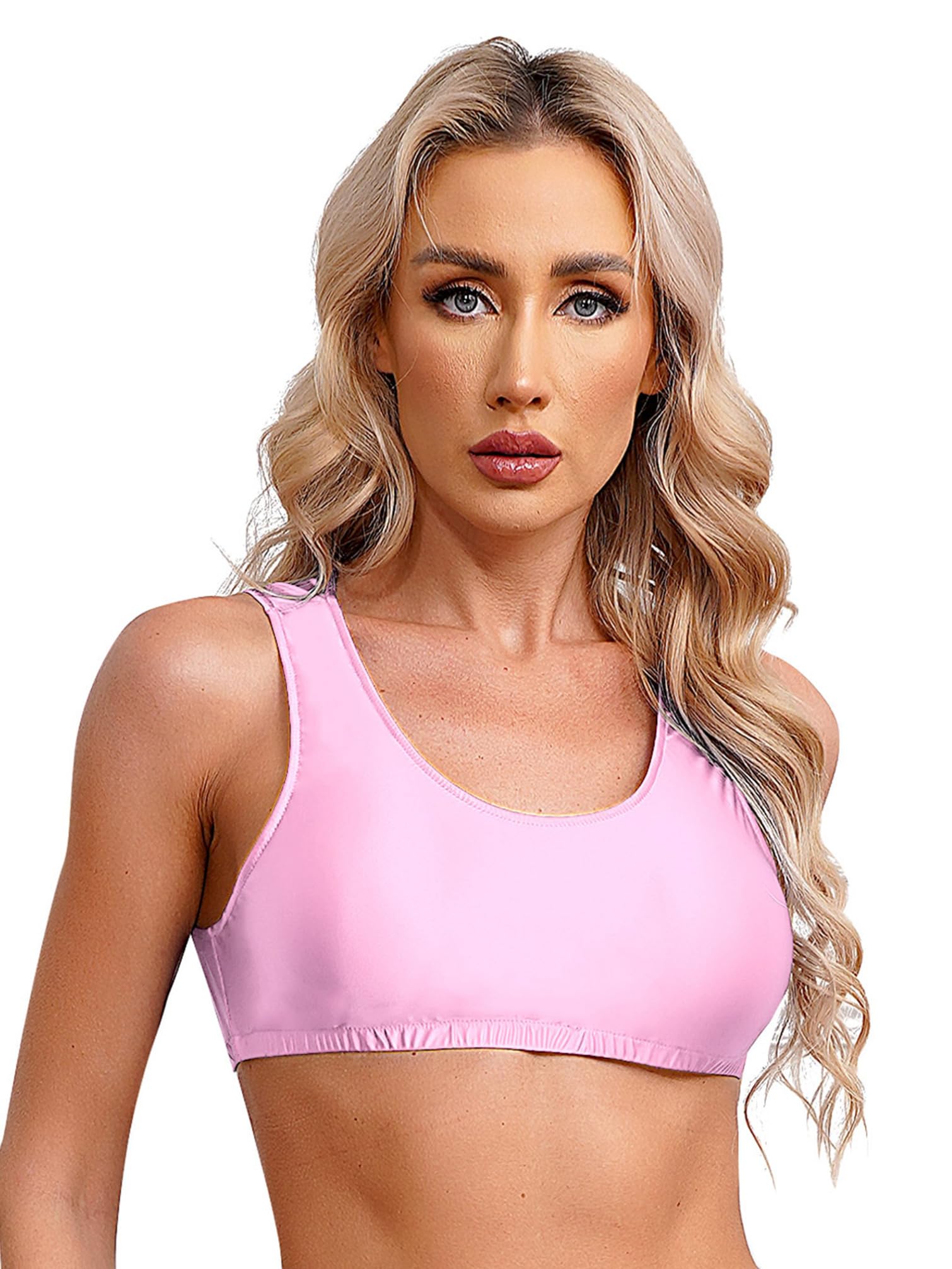 Jhaoyu Women Glossy Solid Color U Neck Tank Tops Seamless Sports Bras Workout Gym Activewear Bra