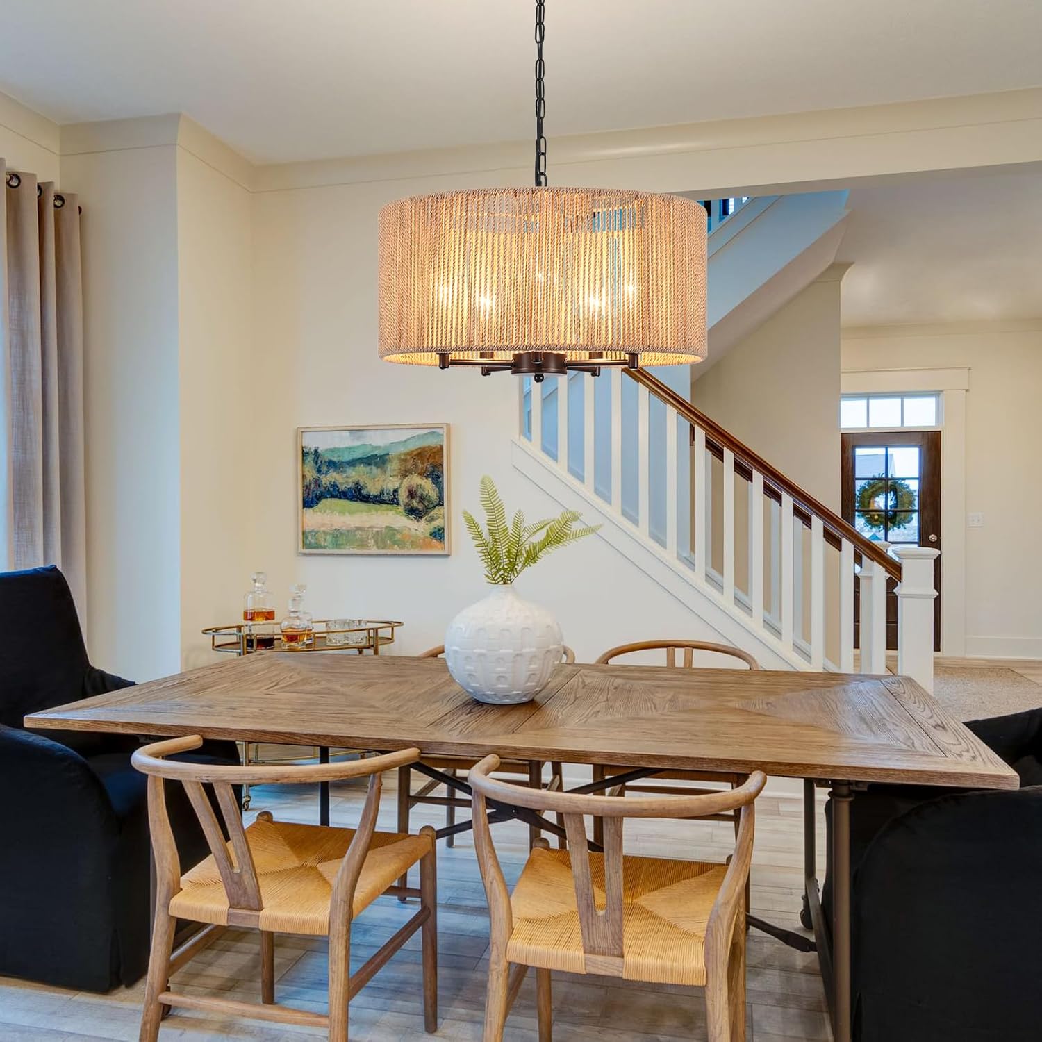 LASENCHOO 5 Lights Boho Drum Chandeliers for Dining Room Light Fixture, 19" Woven Pendant Light Fixture Hanging Bohemian Chandelier for Living Room Kitchen Entryway Hallway Bedroom, Height Adjustment