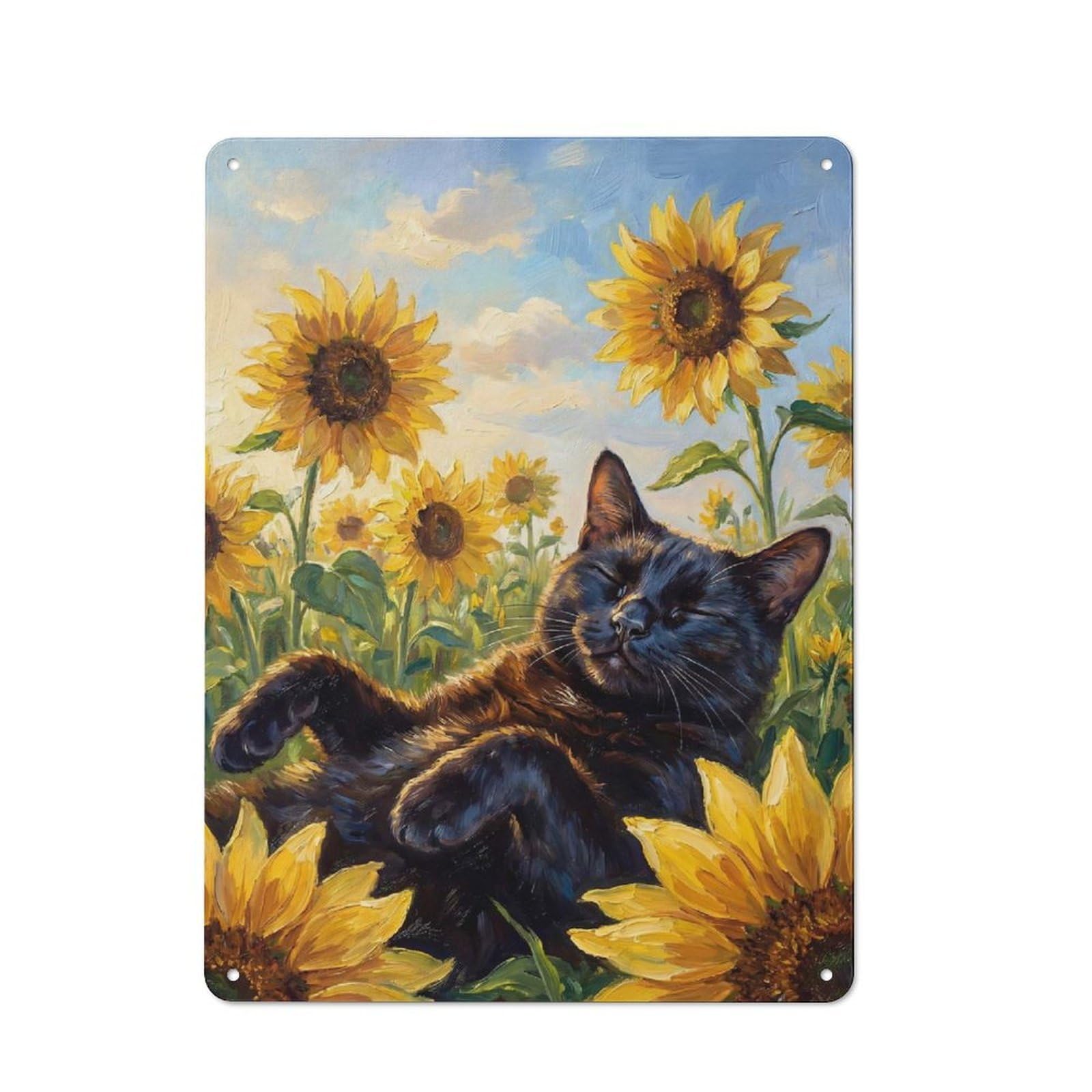 Junmoney Style-24 Shop Front Style Black Cat In Sunflowers Cafe Metal Sign 40X30cm, Bistro Wall Plaque For Tea Room, Shop Wall Or Breakfast Area