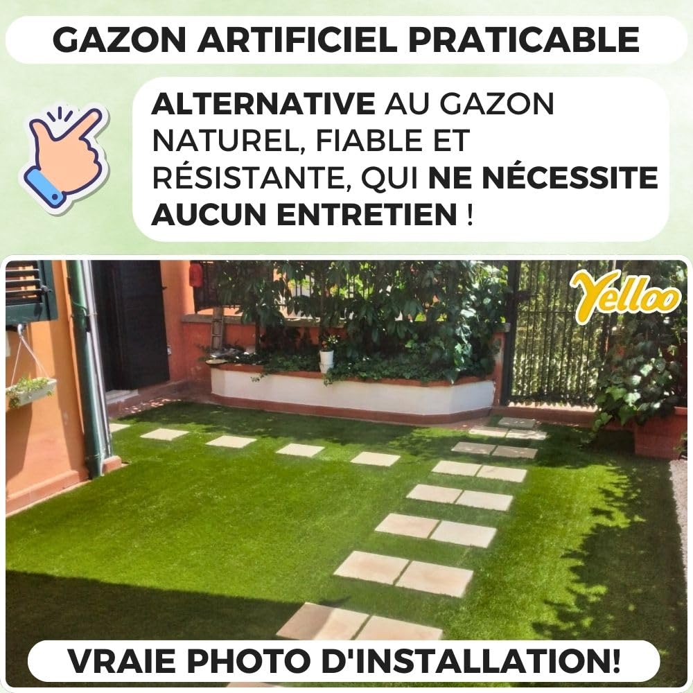 Yelloo - Gazon Synthétique Exterieur (20 mm 1x10m) Pelouse Synthetique Exterieur, Faux Gazon pour Balcon, Terrasse, Herbe Synthetique Exterieur, Tapis Gazon Artificiel, Rouleau Fausse Herbe Exterieur