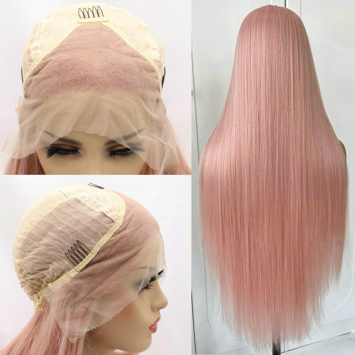 13x3" Pre Plucked Long Straight Colorful Wigs for Women Natural Looking Heat Resistant Fiber Synthetic Lace Front Wigs for Replacement/Party/Cosplay/Costume/Daily Use (Pink 1344) - Image 2