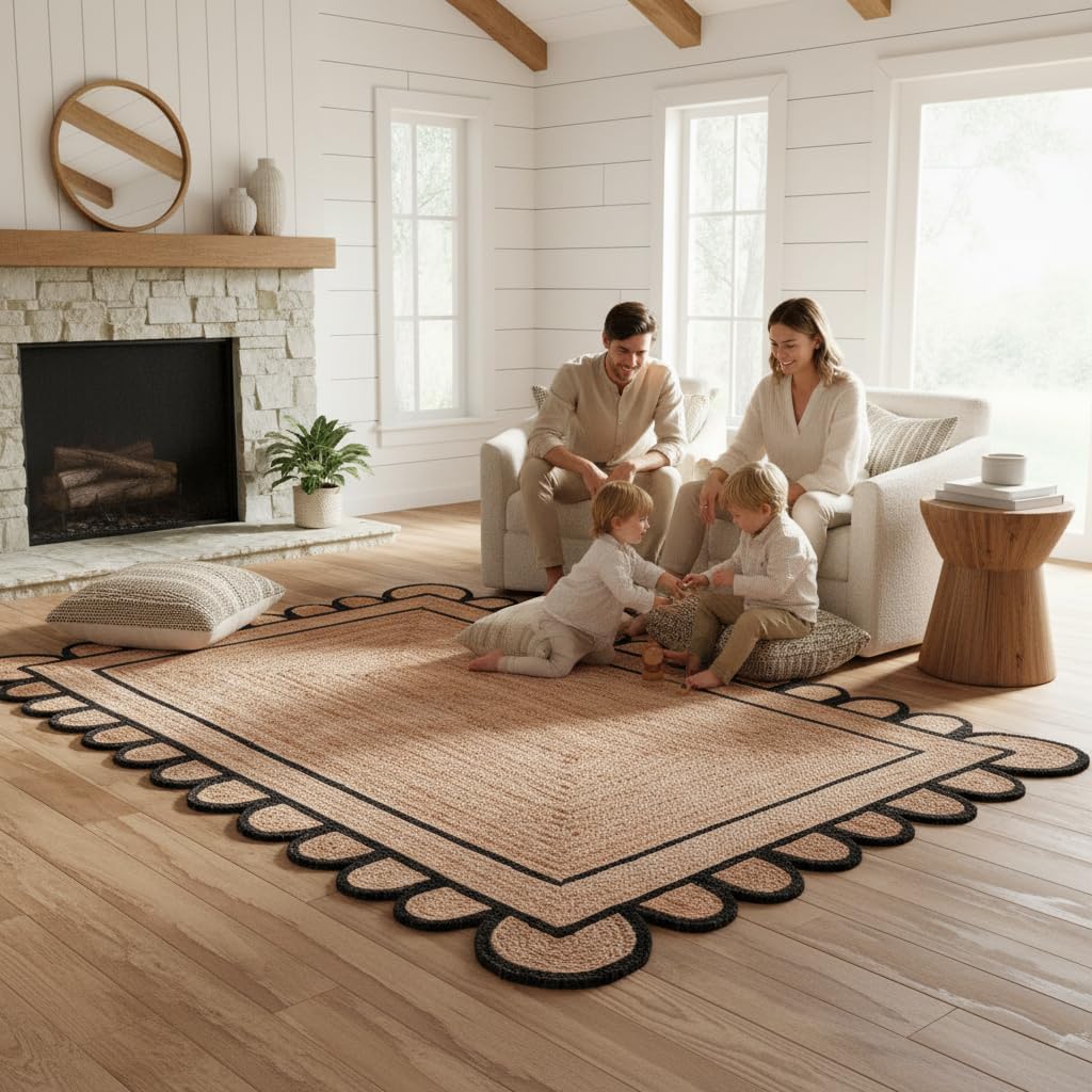 Braided Scalloped Jute Rug Natural with Black Trim, Handmade Farmhouse Boho Area Rug for Entryway, Kitchen, Hallway, Living Room, Bedroom, Rustic Woven Floor Rug - (Black- 3X5 ft)