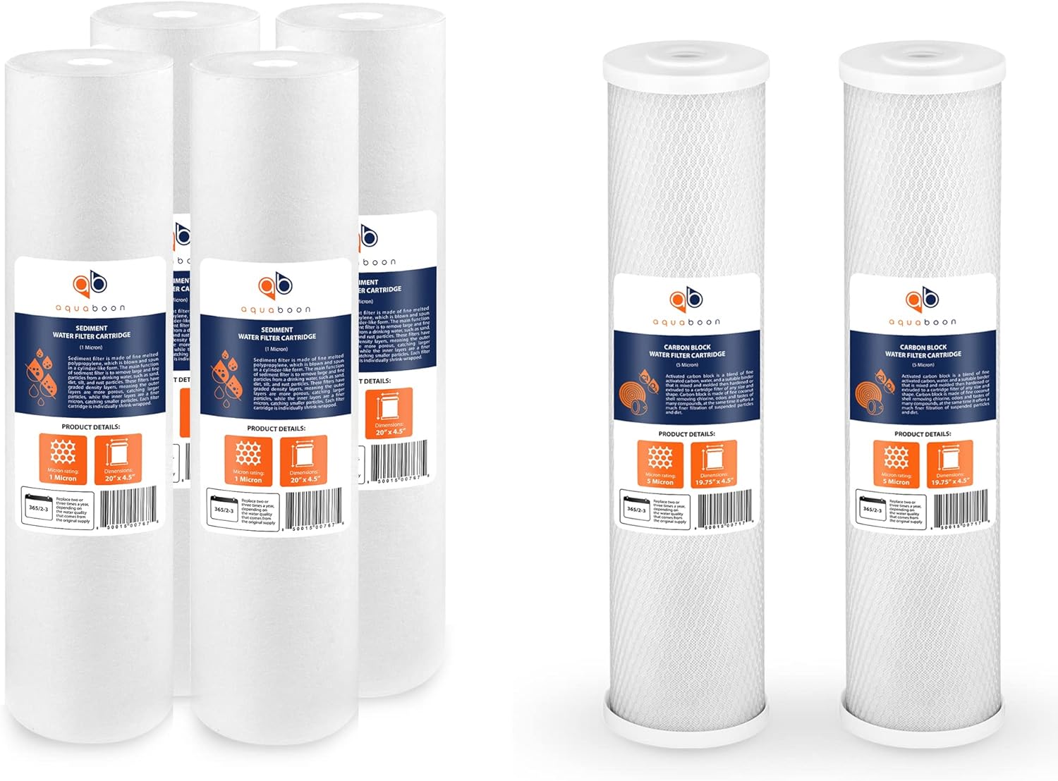 Aquaboon 4-Pack of 1 Micron 20" x 4.5" Sediment Water Filter Replacement Cartridge & Aquaboon 2-Pack Coconut Shell Water Filter Cartridge | Universal Whole House 1 Micron 20 inch Cartridges