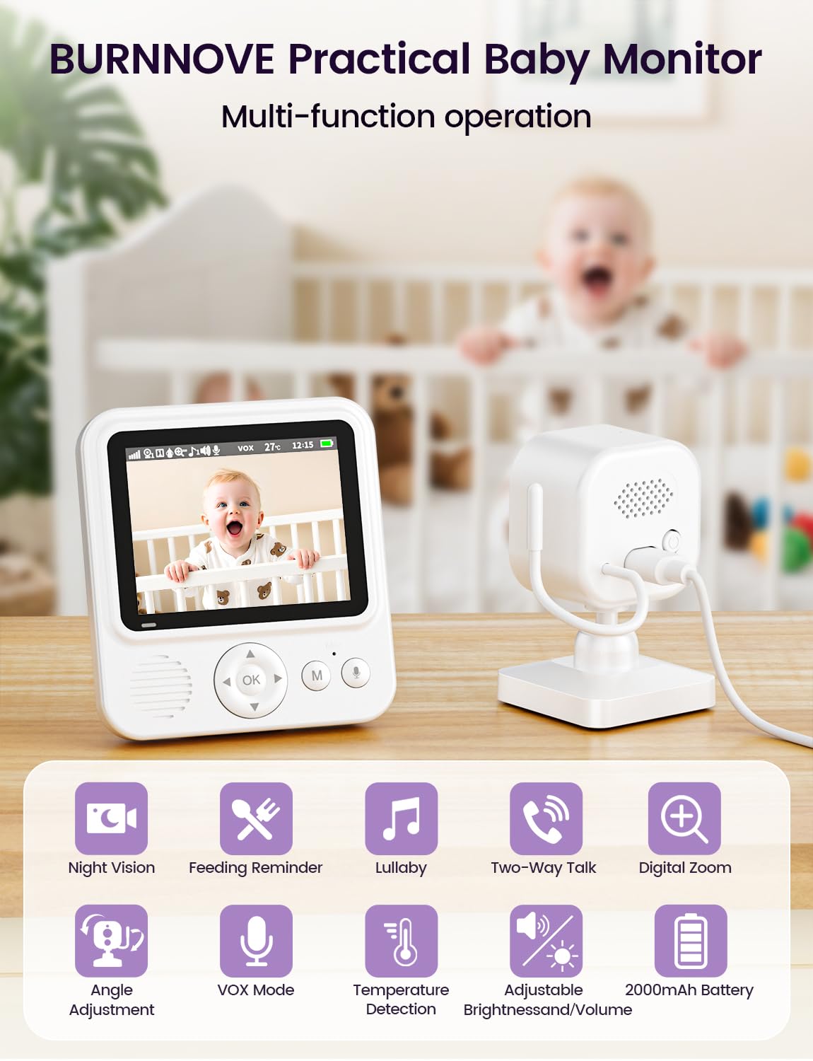Baby Monitor with Camera and Audio, 2.8" Video Baby Monitor with Night Vision, 2000mAh Battery, VOX Mode, 2-Way Talk, Temperature Sensor, Lullabies, Feeding reminders, No WiFi Security, 300m Range — view 2