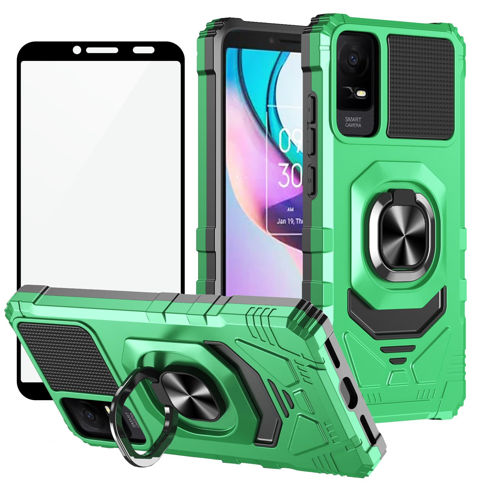 Ailiber Phone Case for TCL IONV, TCL ION X Case with Screen Protector, Ring Kickstand for Magnetic Car Mount, Heavy Duty, Shockproof Rugged Protective Cover Case for TCL T607DL/TCL ION V-Light Green
