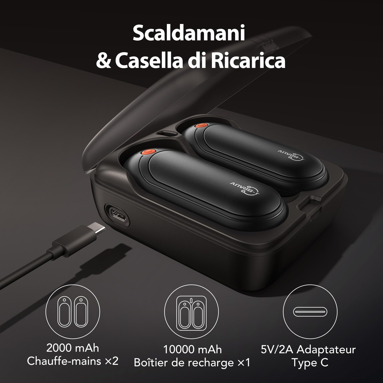 Scaldamani Elettrico Ricaricabile 2 Pezzi, Scalda Mani Ricaricabili con Custodia di Ricarica 10000mAh, 3 Livelli Doppio Lato Scaldamani USB C fino a 24H di Riscaldamento, Uomini e Donne