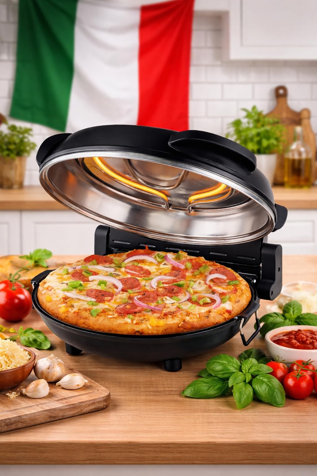 ELTA Pizzaofen Mini Back Ofen - Pizzamaker - Pizza Ofen - 32 cm - extra großes Sichtfenster mobiler elektrischer Holzofen Napoli 1200 W - bis 360°C - Ober- und Unterhitze