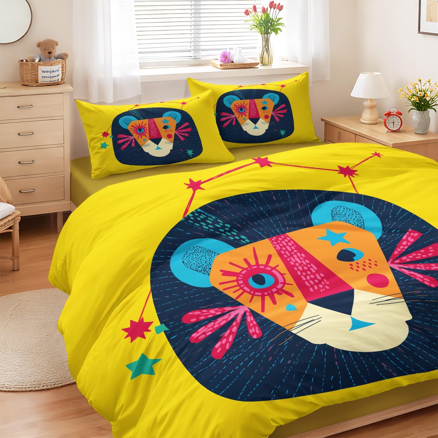 Parure de lit 4 pièces lion en microfibre avec housse de couette et taies d'oreillers