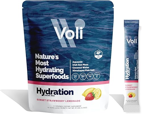 Voli Hydration, fresa al atardecer, hidratación de superalimentos, musgo marino irlandés, aquamin (magnesio natural), agua de coco, sal rosa del