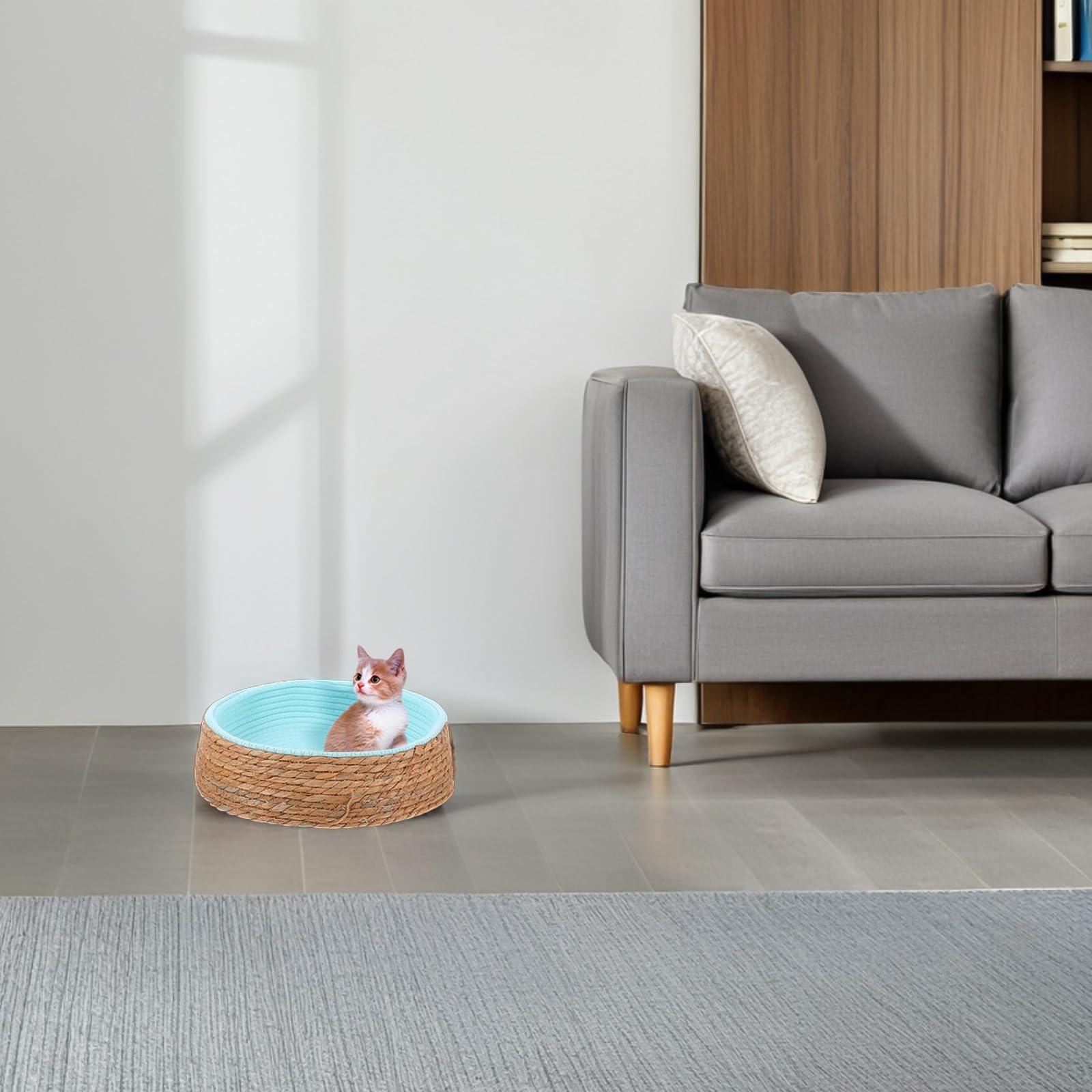 Gewebtes Katzenschlafnest aus Rattan und Gras Rundes Haustierbett für Kleine Hunde Atmungsaktiv und Robust für Gebrauch in Wohnräumen