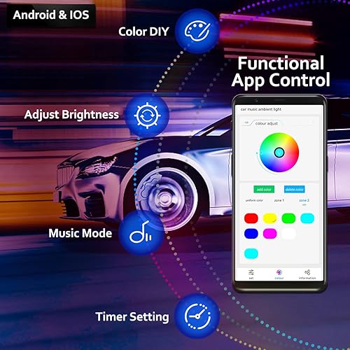 Miniatura 4 de Dreamcolor - Luces de acrílico para interiores de automóvil, 2 piezas de 43.3 pulgadas43.3 in, 128 luces LED coloridas para automóvil, fibra óptica,