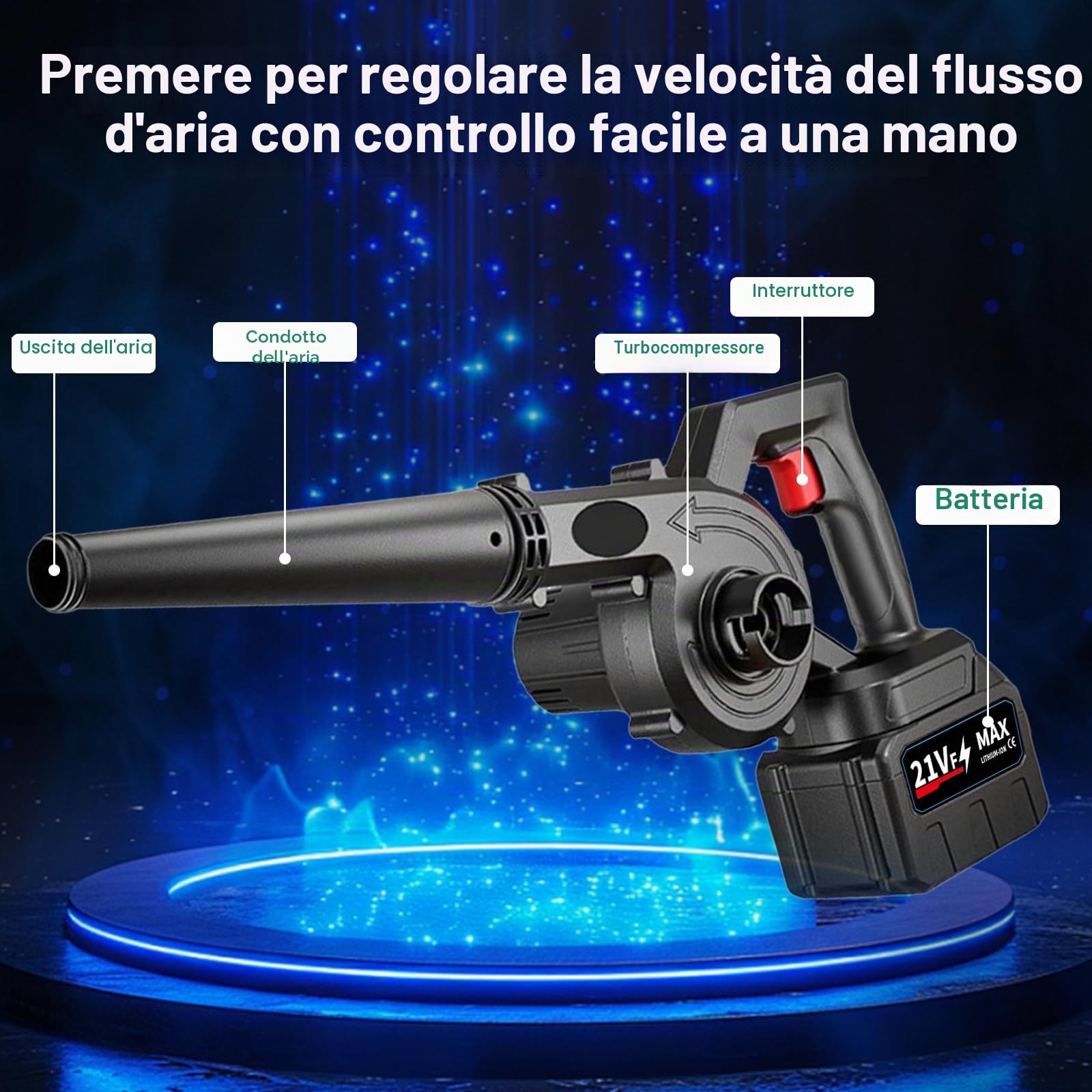 Soffiatore Aspiratore Foglie 21V Soffiatore Foglie Elettrico Senza Filo con 2 * 3000mAh Batterie Caricabatteria 250 m³/h 18000 rpm Soffiatori per Foglie Auto Prato Polvere
