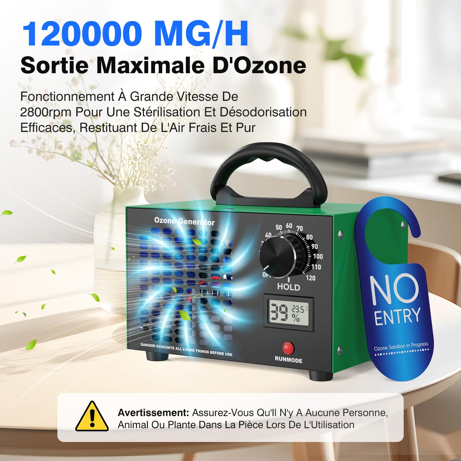 Générateur d'ozone 120 000 mg/g, Minuterie de 120min, pour 500m²