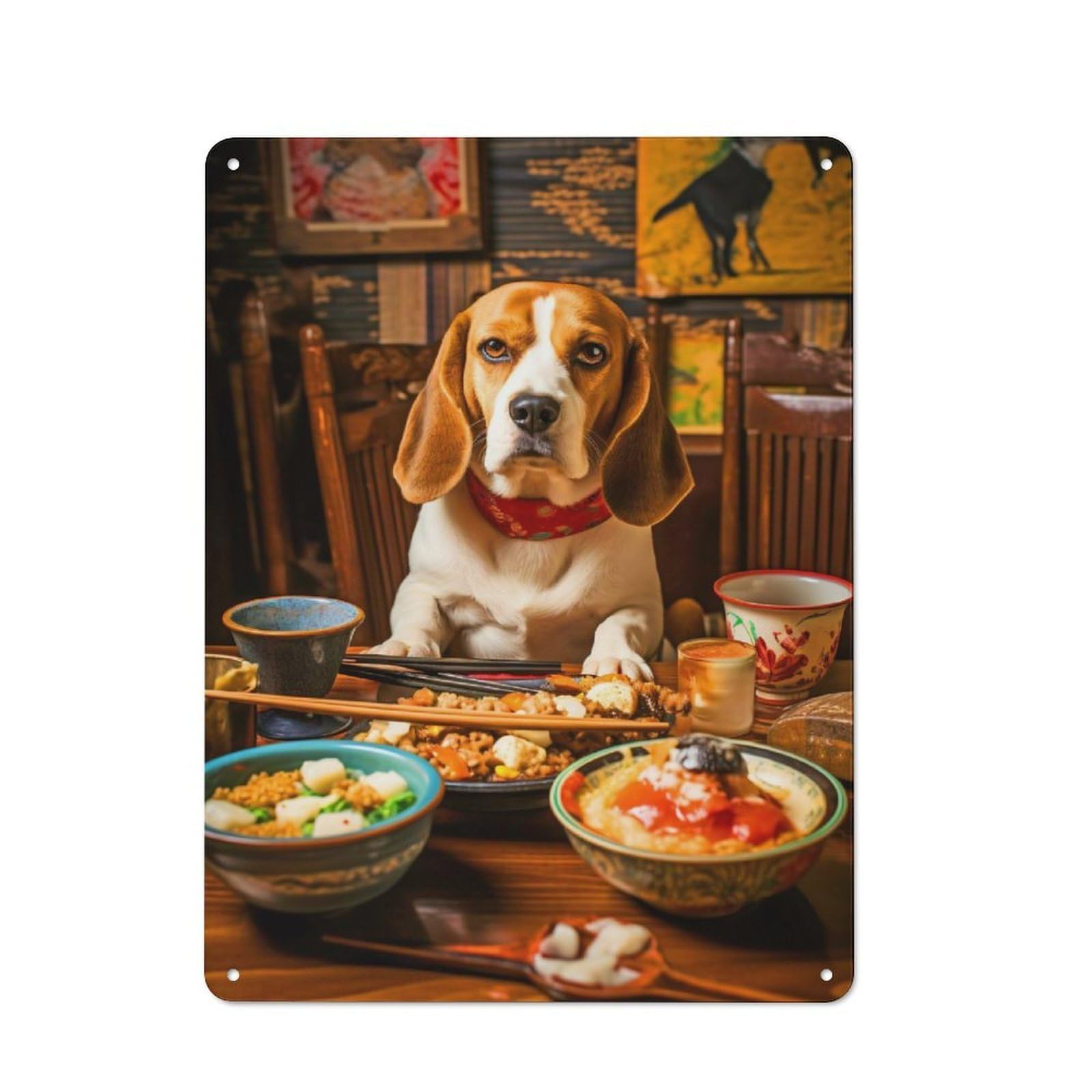 Junmoney Style-12 Cafe Style Decorative Metal Plaque 40X30cm Featuring Beagle At Dinner Table, Bistro Wall Plaque For Tea Room, Shop Wall Or Breakfast Area