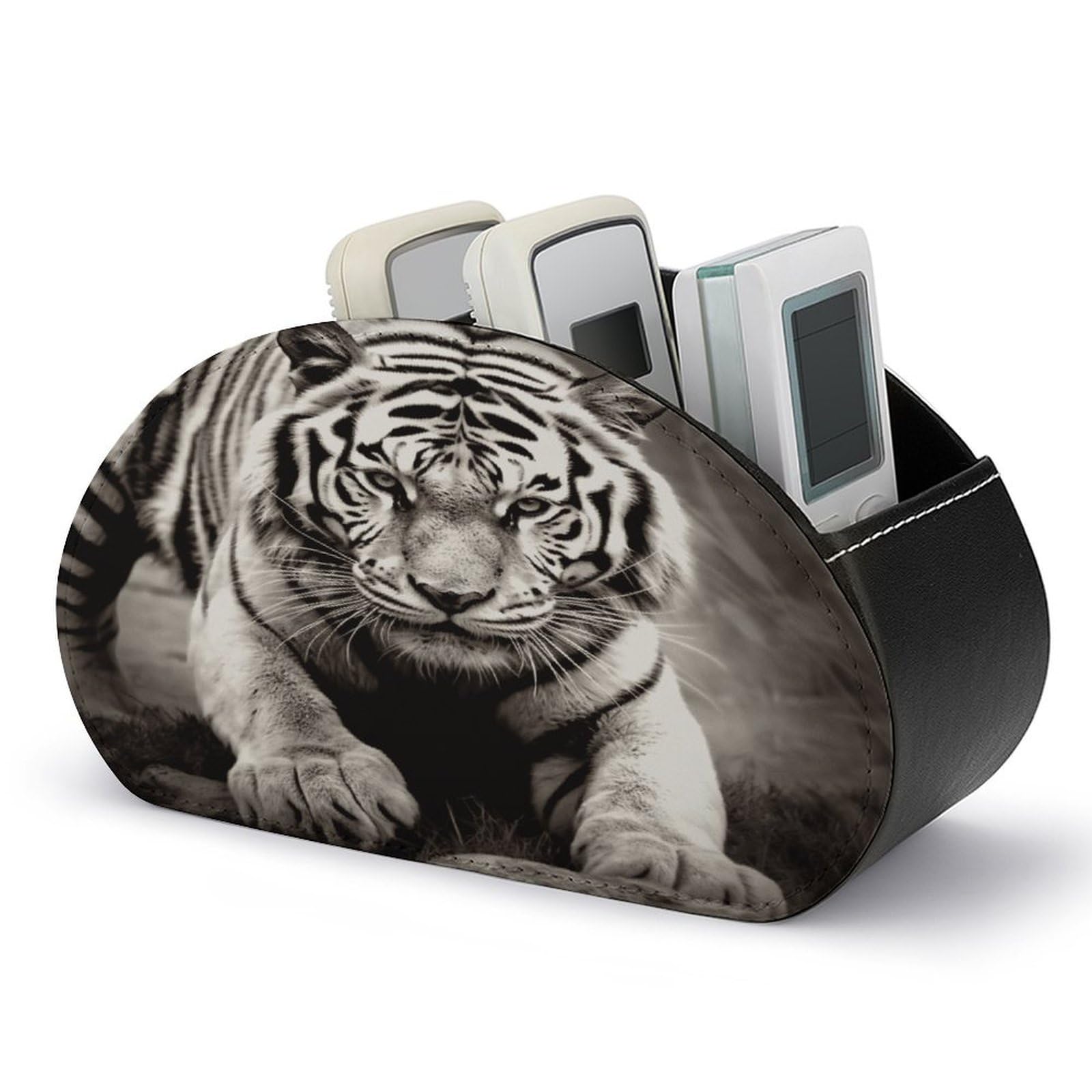 VstaDank Black And White Tiger Remote Control Holder with 5 Compartments PU Leather Remote Caddy Desktop Organizer Store TV Remote Control Storage Box for Home Office Desk Nightstand
