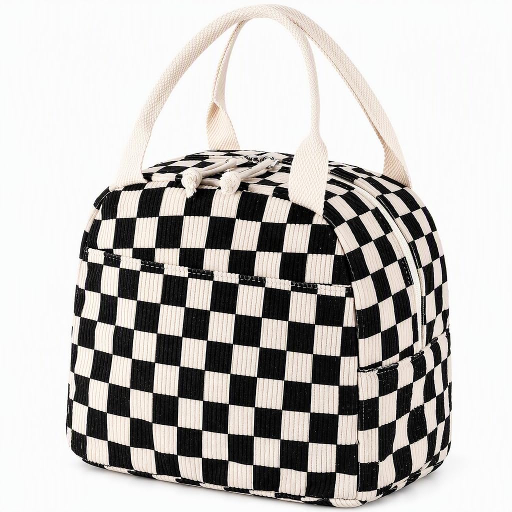 Checkered Corduroy Lunch Bag, Cute Lunch Box For Daily Commute.Corduroy Material, Thermal Insulation, Large Capacity Design, Office And School Use, Picnic And Outdoor Activities, Reusable Lunch Tote