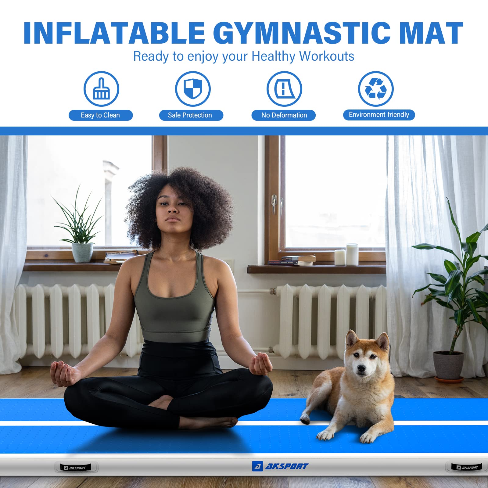 AKSPORT Tappeto Gonfiabile per Ginnastica da 3/4/5/6 metri Air Track Ginnastica Artistica 10/20 cm con Pompa Elettrica per Casa, Campeggio, Palestra,Formazione,Cheerleading