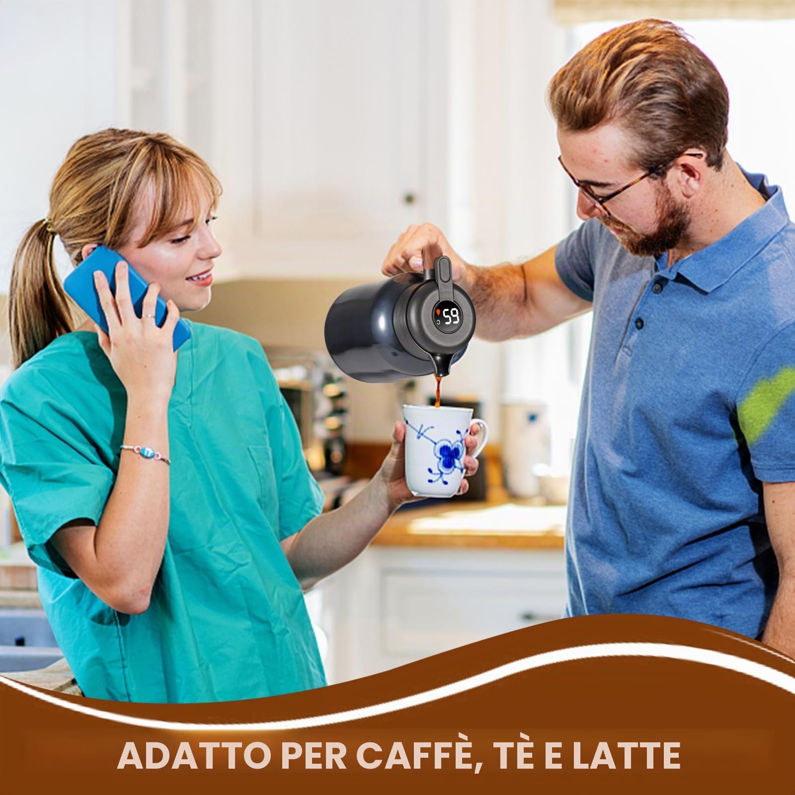 Dreamhigh® Thermos 2 l con colino da tè, thermos con indicatore di temperatura, caffettiera ben sigillata (senza perdite, nessuna goccia), per caffè, tè e latte