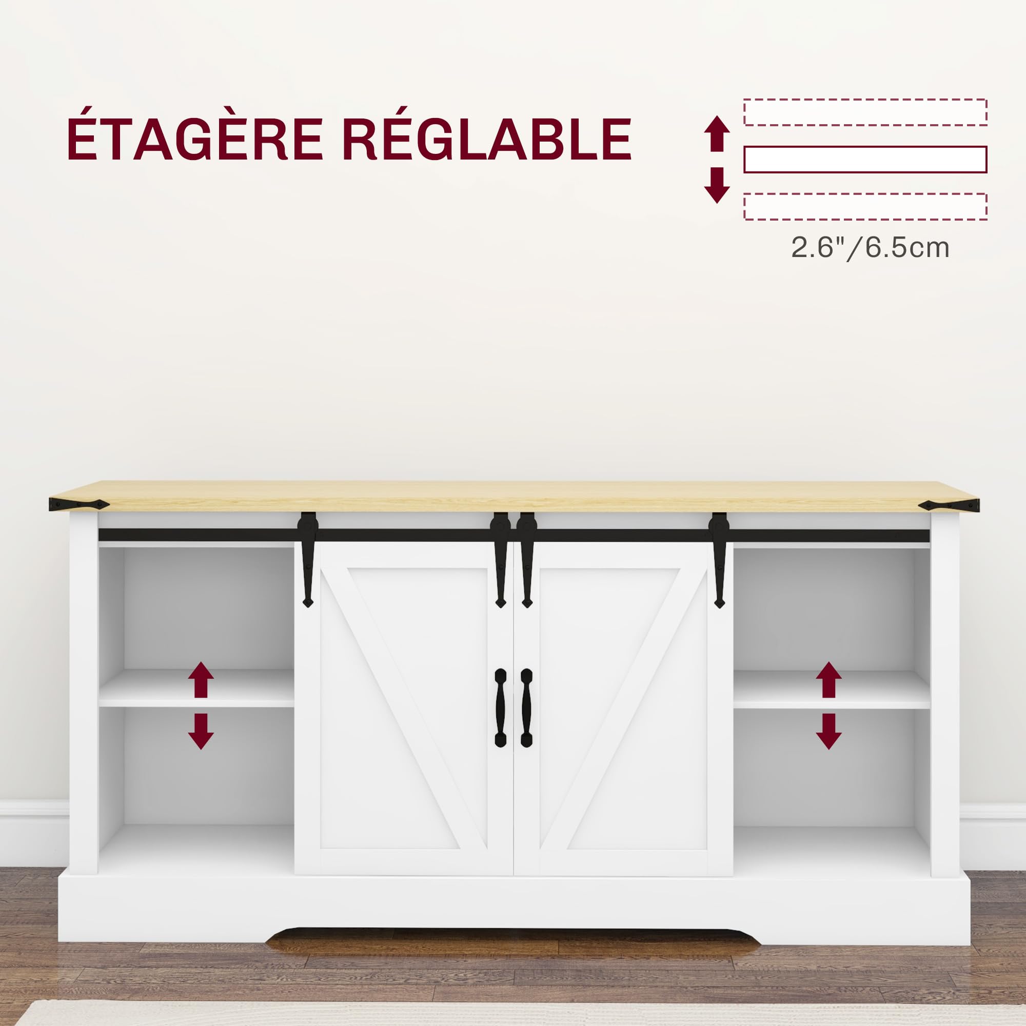 HOMCOM Credenza, mobile contenitore, con 2 ante scorrevoli, ripiani regolabili, per soggiorno, sala da pranzo, corridoio, 150L x 40D x 72H cm, legno, rovere bianco