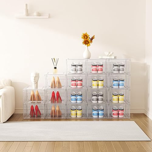 Miniatura 5 de Paquete de 5 cajas de almacenamiento transparentes extragrandes para zapatos, cajas de plástico apilables, material grueso, fácil de montar, ajuste