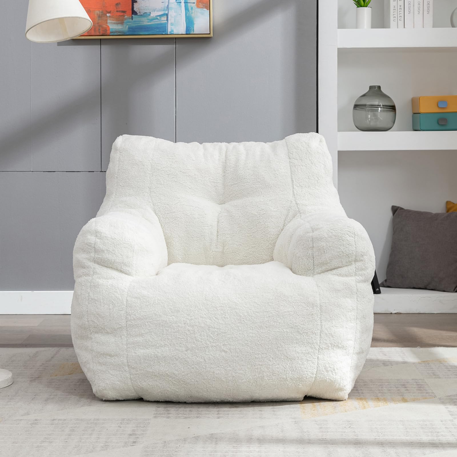 Hison Bean Bag Chairs for Adults and Kid Teddy Fabric Fluffy and Lazy Sofa Filled with Memory Sponge BeanBag Sofa with Armrests for Living Room,Bedroom(White)