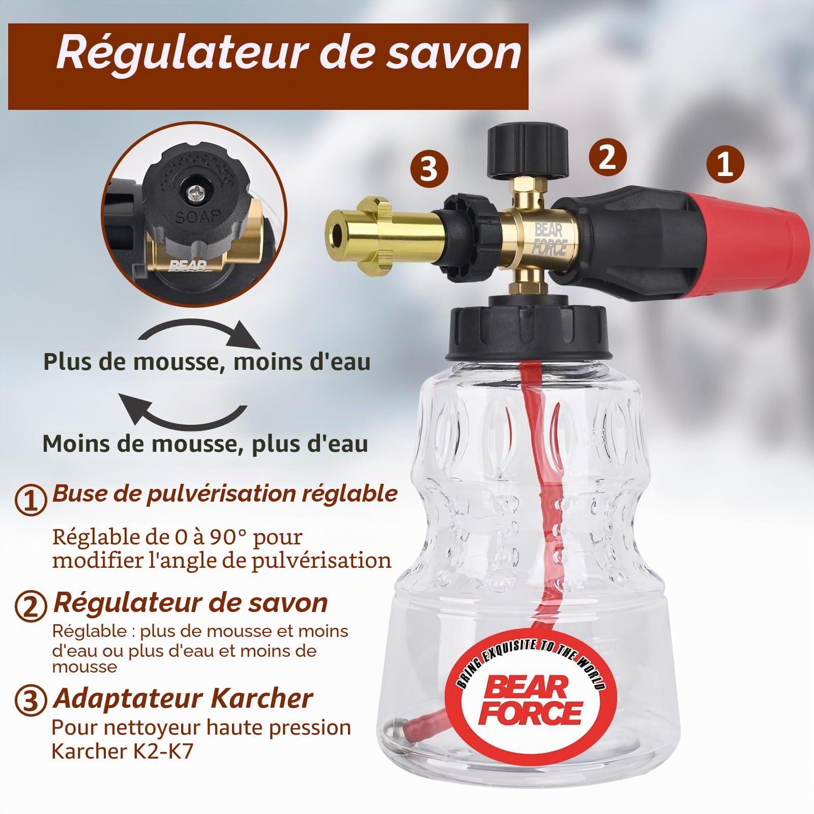 BEAR FORCE Lance à mousse pour nettoyeur haute pression compatible avec Karcher K2, K3, K4, K5, K6, K7, livrée avec buse à orifice de 1,25 mm et 1,10 mm, mousse épaisse réglable à 360°, lavage de
