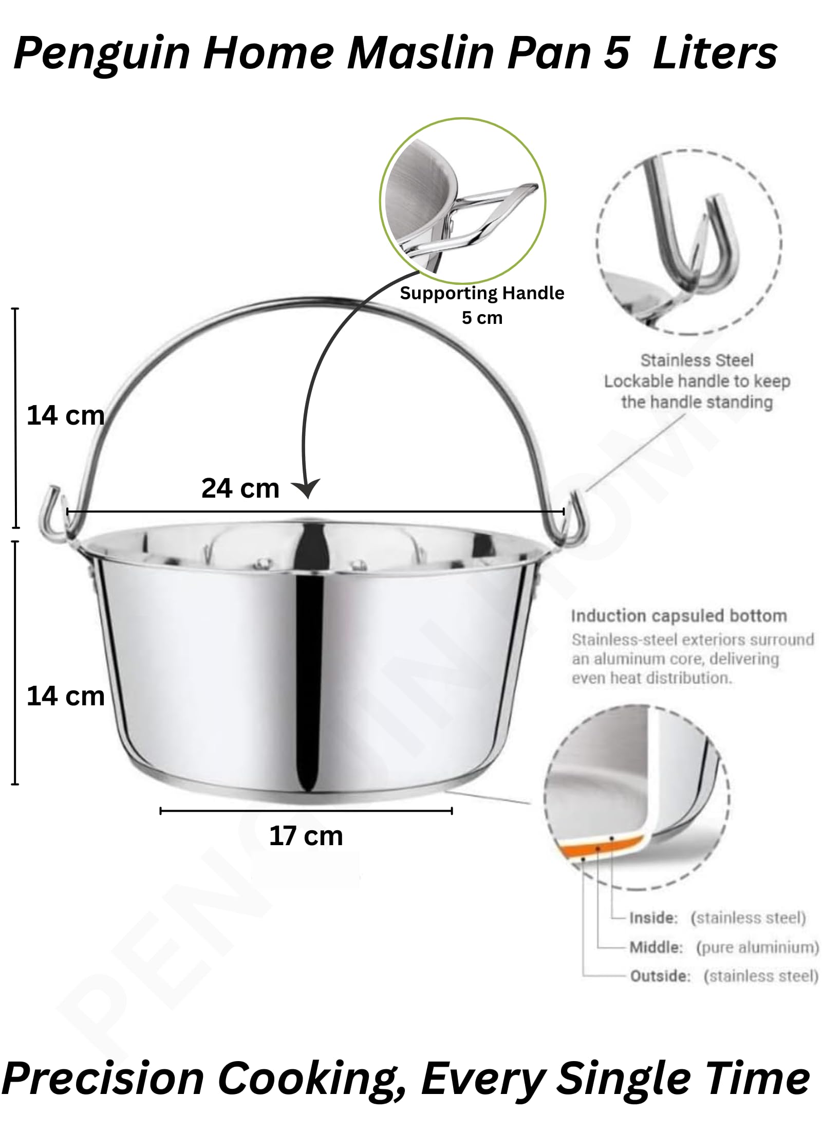Penguin Home Sartén de 5 L con embudo de mermelada de cuello ancho de 14 cm, olla de acero inoxidable con embudo de conservas de acero para conservar, sartén combinada y embudo de mermelada con mango