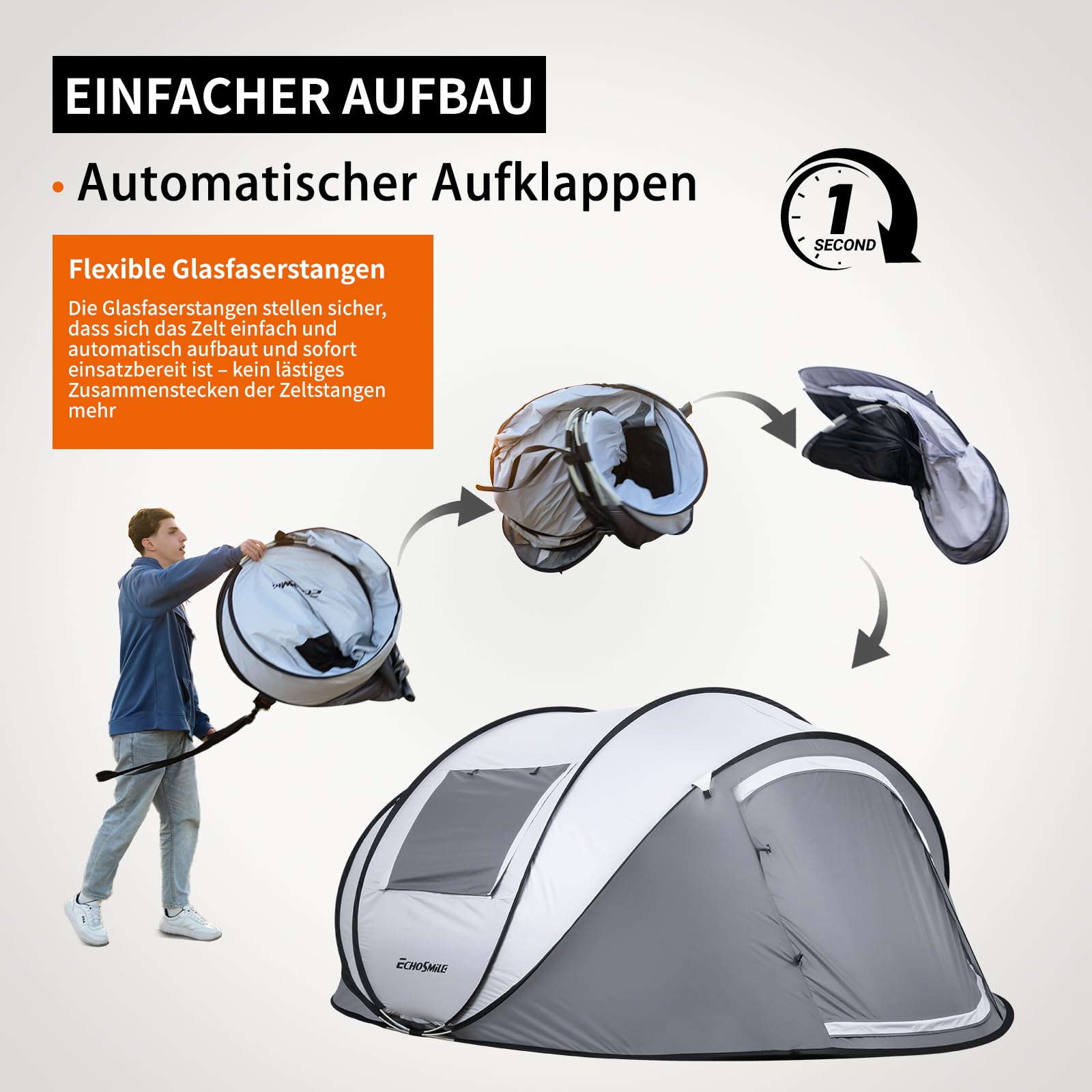 EchoSmile Pop up Zelt 4-8 Personen, Wurfzelt Wasserdicht mit 2 Belüftungsfenstern, Familienzelt & Campingzelt für Picknick, Wandern und Outdoor Aktivitäten